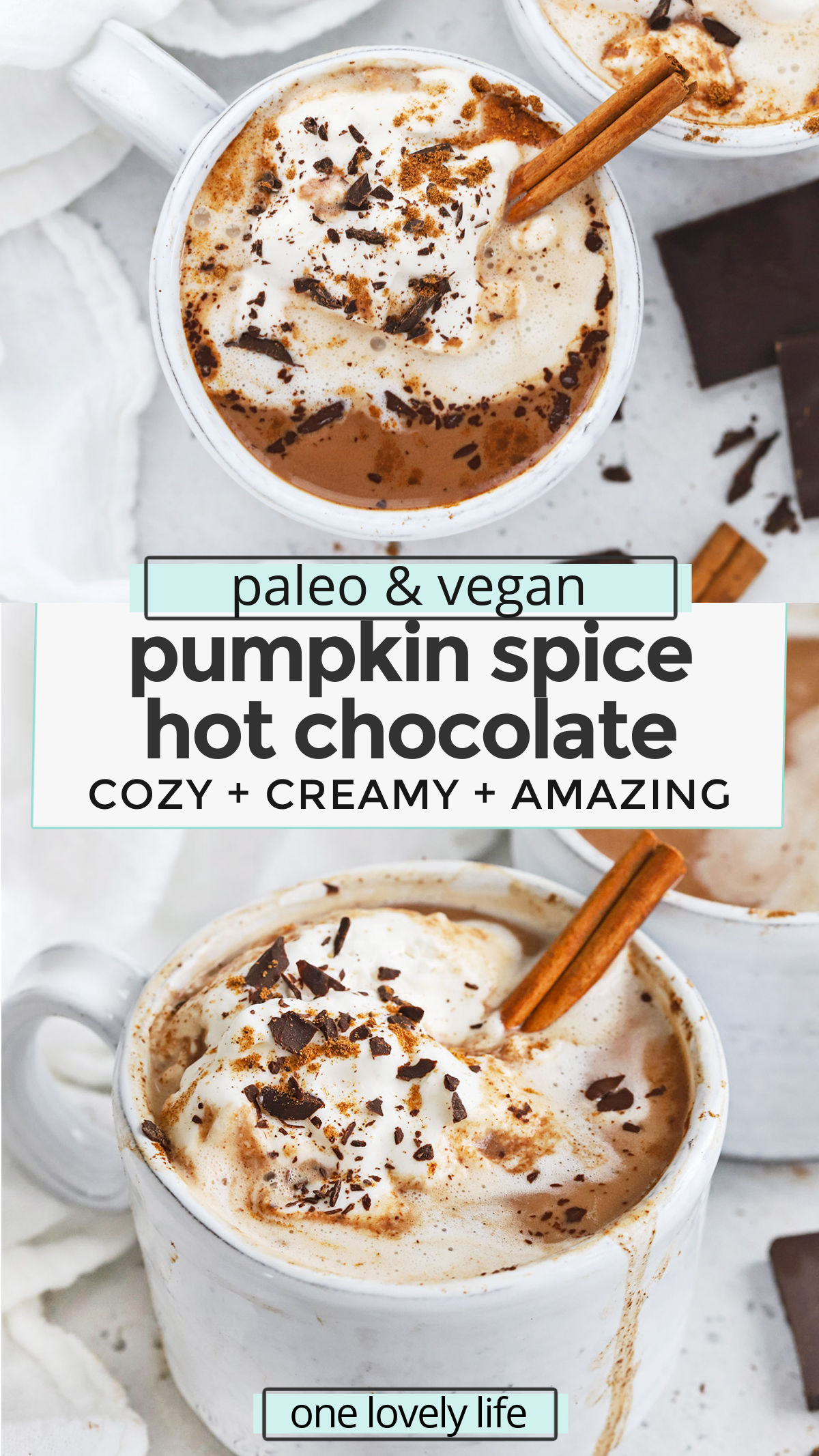 Vegan Pumpkin Spice Hot Chocolate - This dairy-free pumpkin spice hot chocolate is the perfect drink to cozy up with during cold weather. You'll love the rich, chocolatey flavor and warm kiss of spice. (Paleo-Friendly) // Pumpkin Spice Hot Cocoa Recipe // Vegan Hot Chocolate Recipe // Dairy Free Hot Chocolate Recipe // Pumpkin Hot Chocolate // Cinnamon Hot Chocolate #hotchocolate #hotcocoa #pumpkinspice #healthypumpkin #vegetarian #vegan #dairyfree #paleo