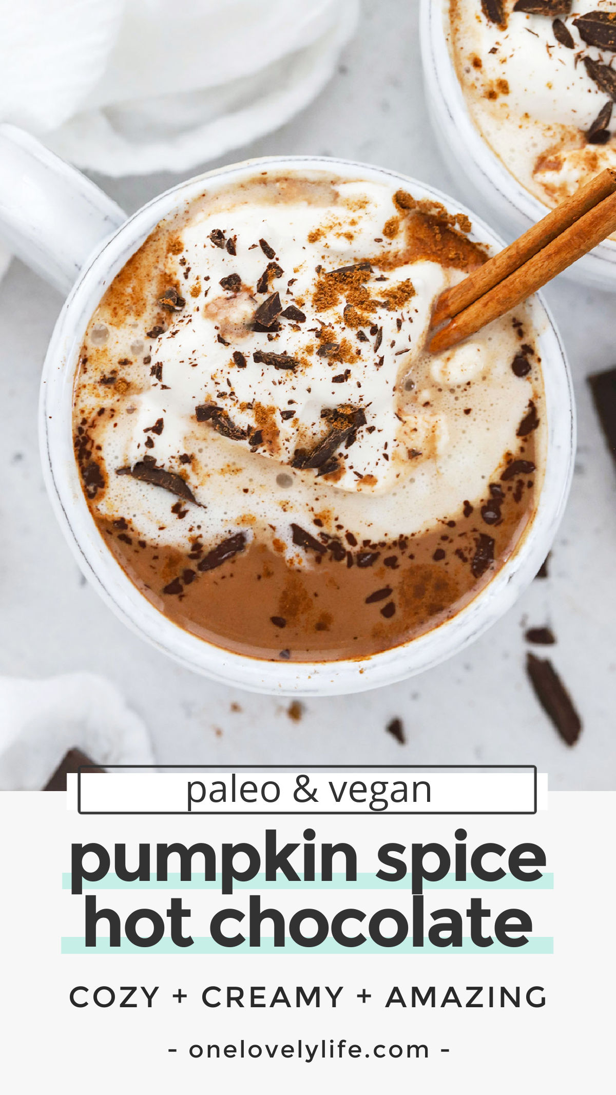 Vegan Pumpkin Spice Hot Chocolate - This dairy-free pumpkin spice hot chocolate is the perfect drink to cozy up with during cold weather. You'll love the rich, chocolatey flavor and warm kiss of spice. (Paleo-Friendly) // Pumpkin Spice Hot Cocoa Recipe // Vegan Hot Chocolate Recipe // Dairy Free Hot Chocolate Recipe // Pumpkin Hot Chocolate // Cinnamon Hot Chocolate