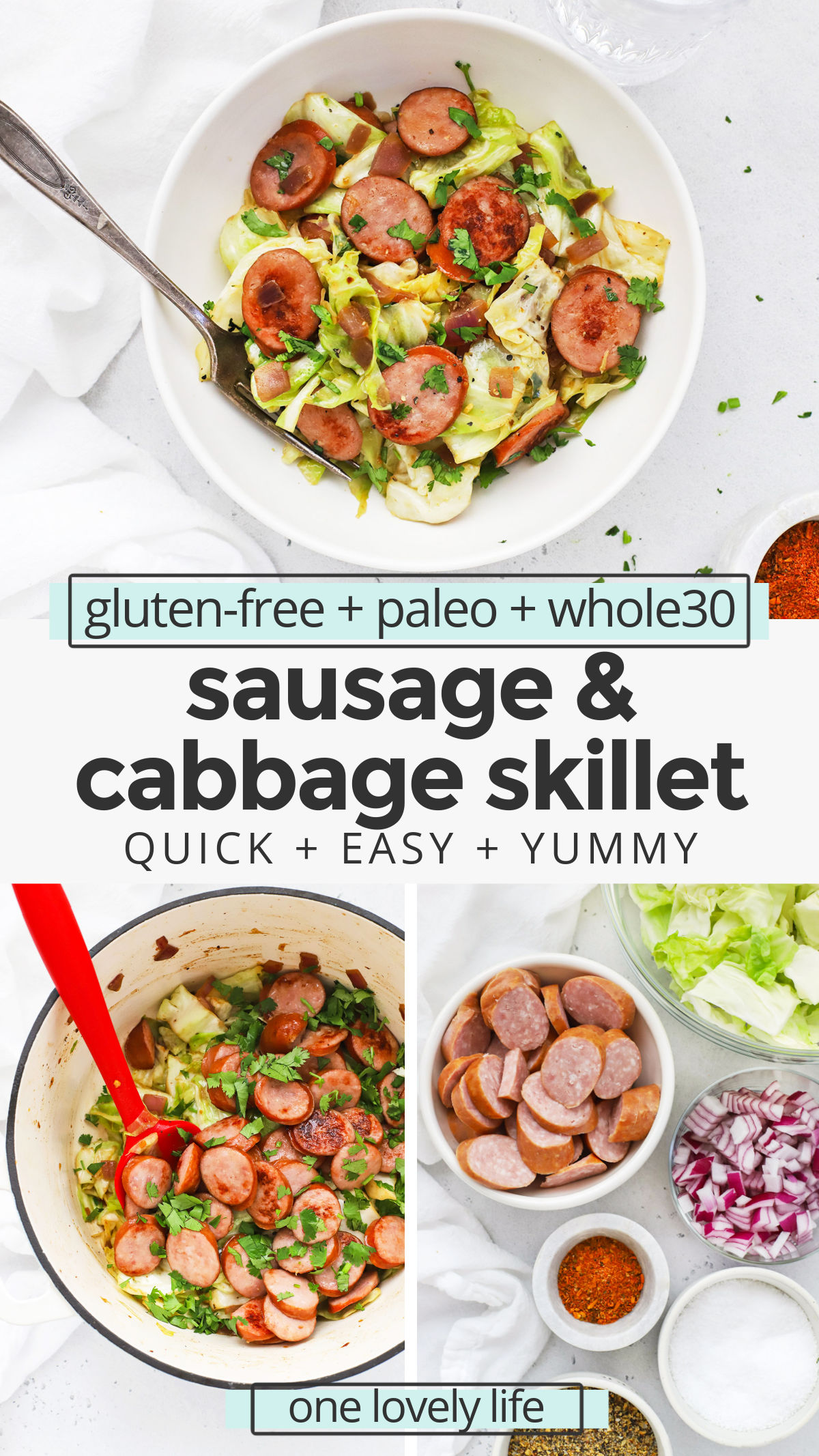 Easy Sausage & Cabbage Skillet - This easy one pan dinner is done in a flash. Try the original or one of our flavor variations for even more ideas! (Gluten-Free, Paleo, Whole30) // Paleo Dinner // Whole30 Dinner // Low Carb Dinner // Skillet Dinner // Easy Dinner // Quick Dinner // Healthy Dinner