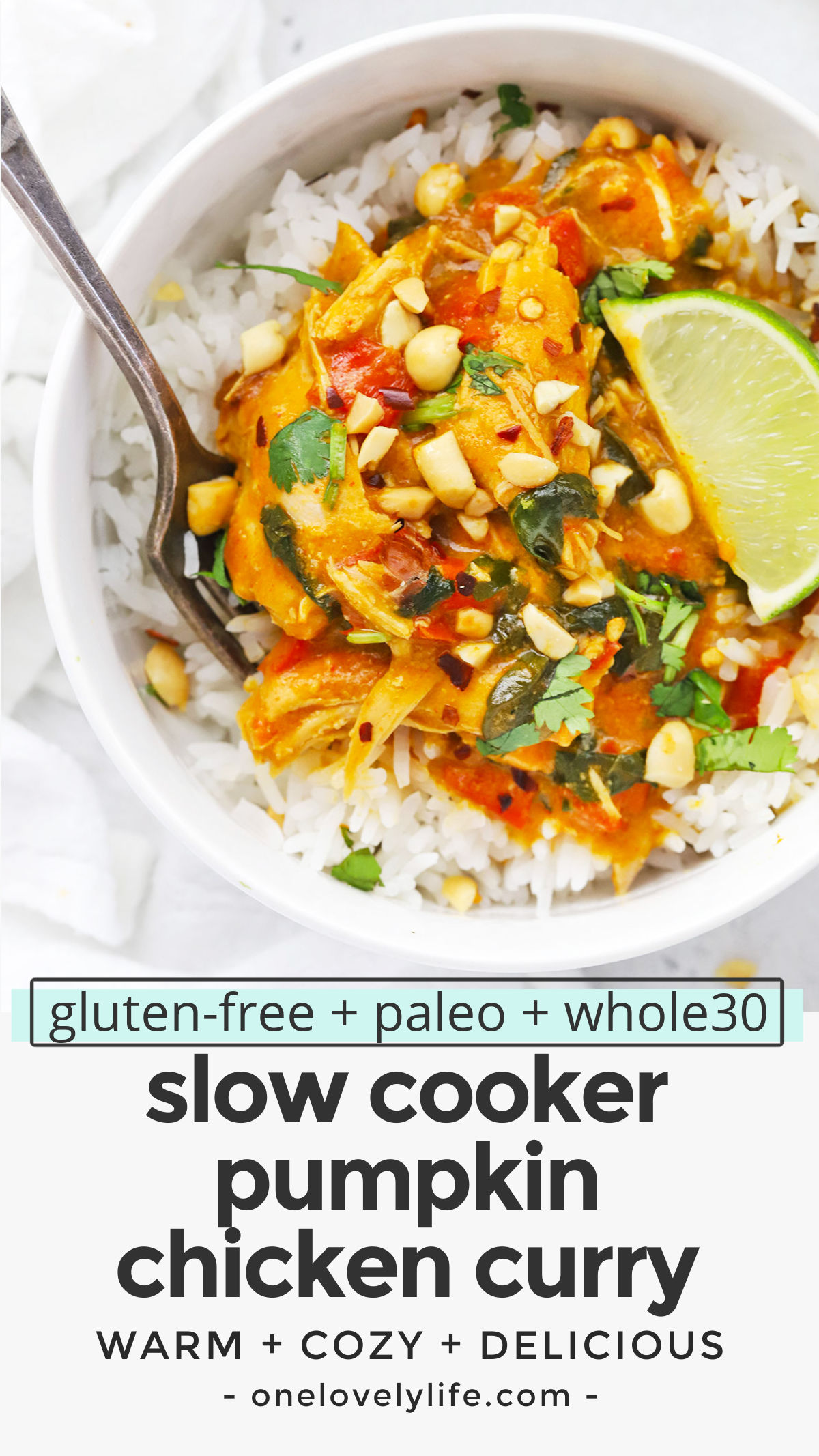 Slow Cooker Pumpkin Chicken Curry - This cozy pumpkin curry has tender chicken, colorful veggies & a mega-flavorful sauce to warm you up from the inside out. (Paleo, Whole30, Gluten-Free) // Pumpkin Curry Recipe // Slow cooker curry // savory pumpkin recipes // healthy dinner // paleo slow cooker recipe // whole30 slow cooker recipe // paleo chicken // healthy pumpkin recipe