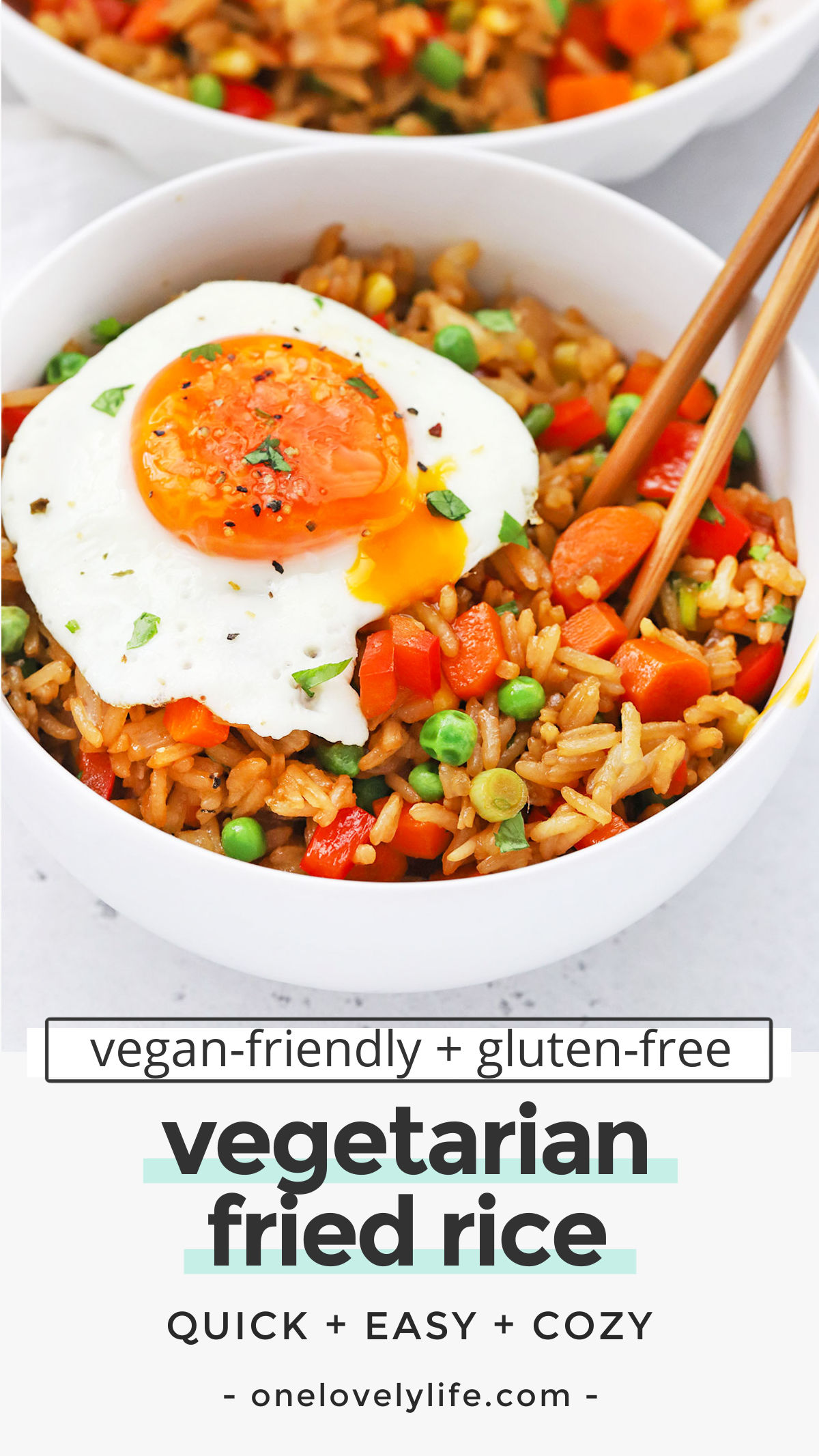 Vegetarian Fried Rice - This healthy fried rice recipe is loaded with colorful veggies and delicious flavor. Serve as a side with all your favorites! (Vegan-Friendly, Gluten-Free) // Vegan Fried Rice // Gluten Free Fried Rice // Easy Dinner // Quick Dinner // Take Out Fake Out // Takeout Copycat Fried Rice