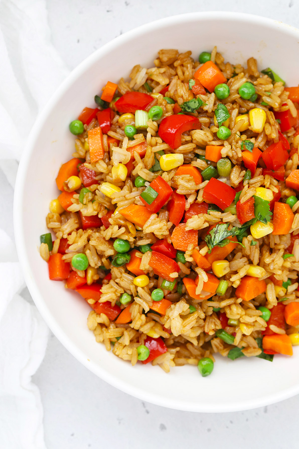 Overhead view of a serving bowl of healthy vegetarian fried rice with colorful veggies