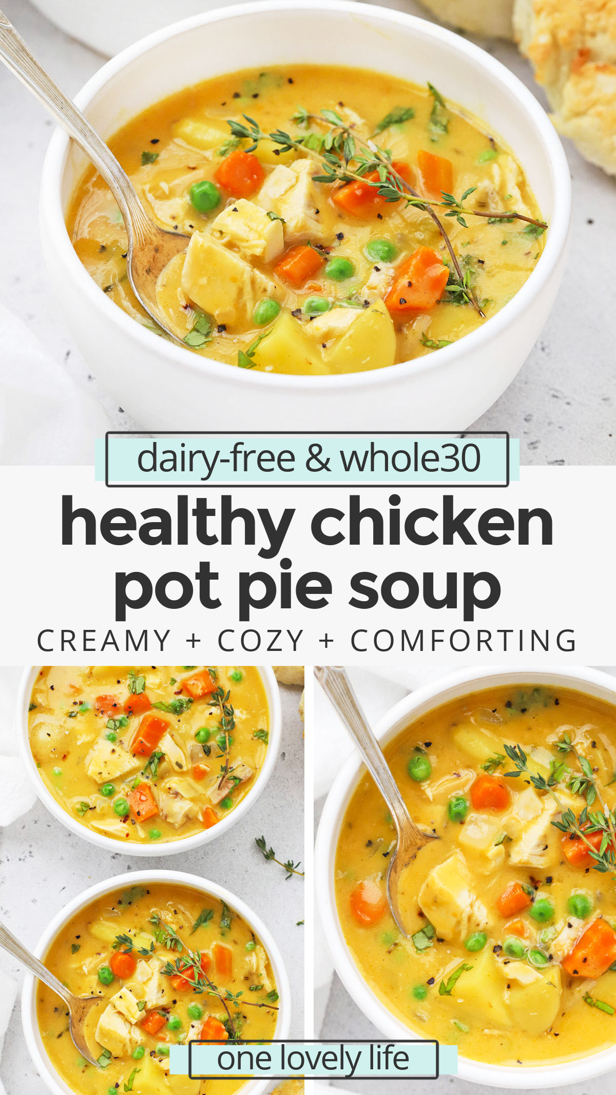 Healthy Chicken Pot Pie Soup - This dairy-free chicken pot pie soup is creamy, delicious, and cozy on a chilly day! (Whole30) // Whole30 Chicken Pot Pie Soup // Healthy Pot Pie Soup // Healthy Turkey Pot Pie Soup // Turkey Leftovers // Thanksgiving Leftovers // Dairy-Free turkey Pot Pie Soup // Whole30 Soup Recipe // Dairy-Free Soup Recipe // Healthy Soup Recipe