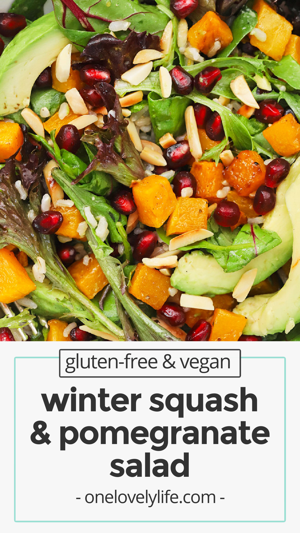 Winter Squash Pomegranate Salad - This butternut squash salad is perfect for holidays, celebrations, and weeknights alike. You’ll love the apple cider vinaigrette! (Gluten-free, Vegan) // Squash salad recipe // holiday salad // winter salad // pomegranate salad // Christmas salad // thanksgiving salad // warm salad / healthy salad // vegan salad // gluten free salad