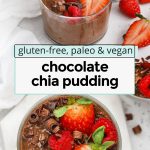 Healthy chocolate chia pudding in small glass bowls, topped with fresh berries and chocolate curls