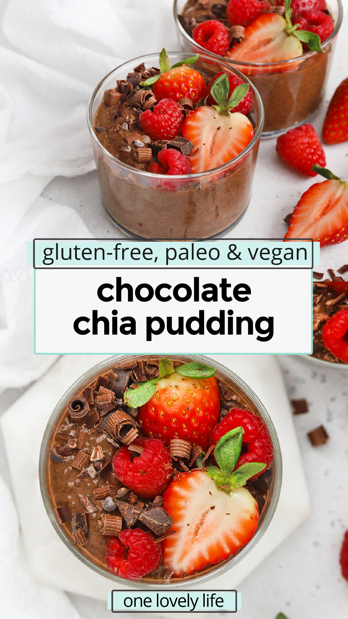 Chocolate Chia Pudding - This creamy vegan chocolate chia pudding makes a delicious healthier dessert or a decadent twist on breakfast. Serve it plain or try one of the yummy topping ideas in the post! (Vegan & Paleo) // Chocolate chia pudding recipe // healthy chocolate pudding // healthy chocolate chia pudding // vegan chocolate pudding // paleo chocolate pudding // healthy pudding // healthy dessert recipe // vegan dessert // paleo dessert // healthy Valentine's day dessert