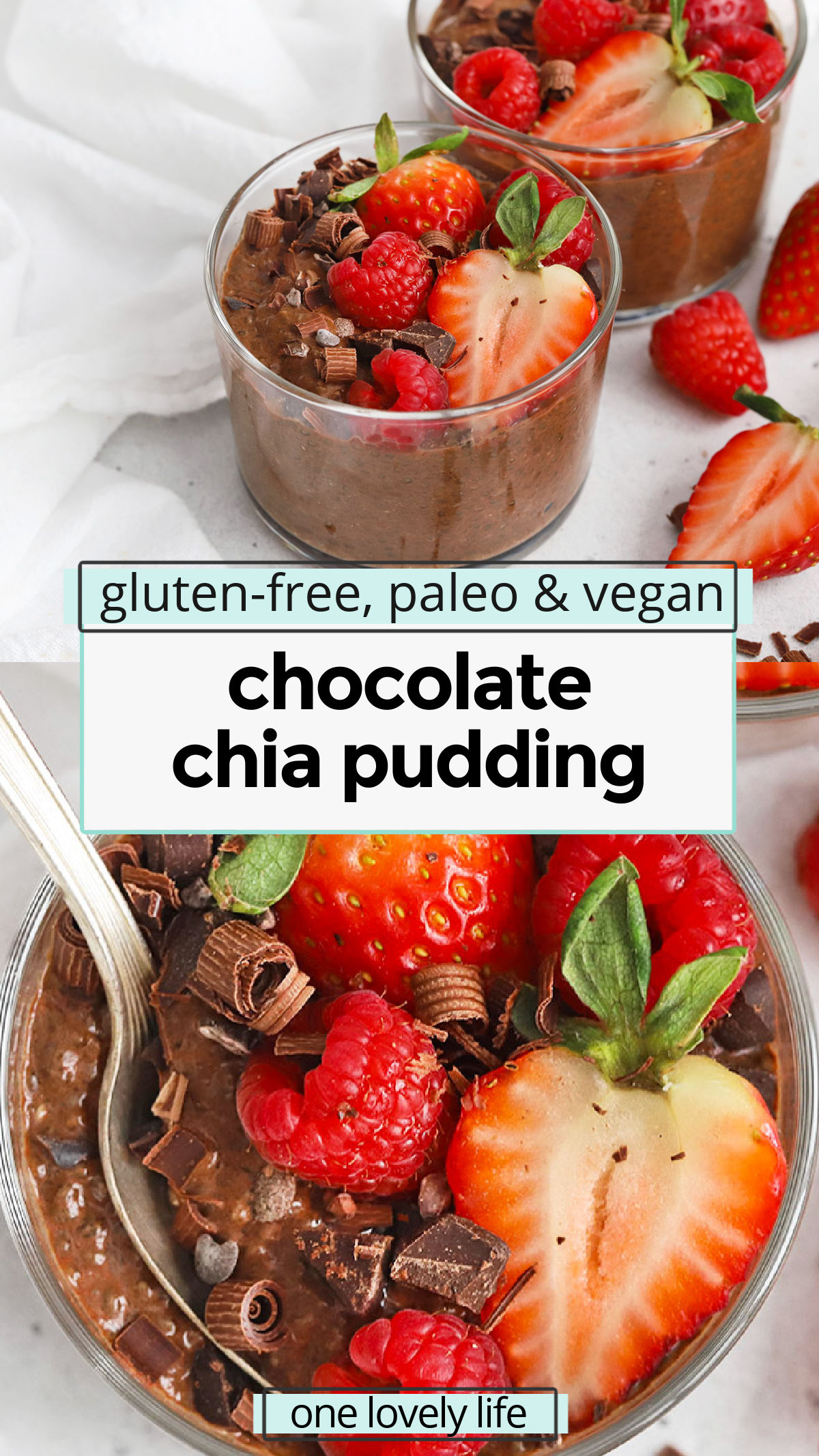 Chocolate Chia Pudding - This creamy vegan chocolate chia pudding makes a delicious healthier dessert or a decadent twist on breakfast. Serve it plain or try one of the yummy topping ideas in the post! (Vegan & Paleo) // Chocolate chia pudding recipe // healthy chocolate pudding // healthy chocolate chia pudding // vegan chocolate pudding // paleo chocolate pudding // healthy pudding // healthy dessert recipe // vegan dessert // paleo dessert // healthy Valentine's day dessert
