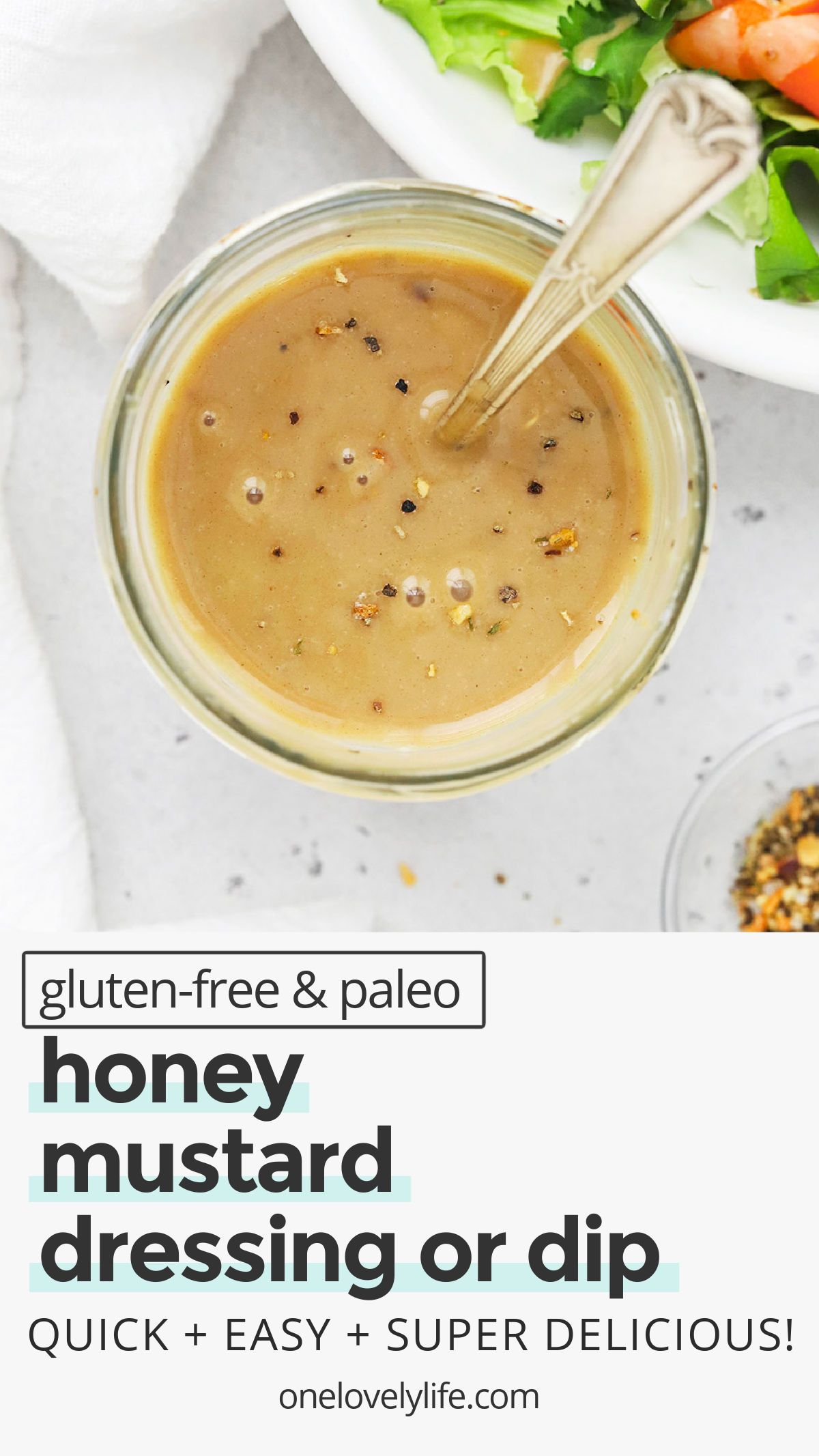 Honey Mustard Dressing - Add a tangy zip to your favorite salad, sandwich, or chicken with our homemade honey mustard dip or dressing! (Gluten-Free, Paleo-Friendly) // honey mustard dressing recipe // paleo honey mustard // easy honey mustard // honey mustard dipping sauce recipe // honey mustard dip recipe // vegan honey mustard // vegetarian honey mustard // the best honey mustard dressing // chicken dipping sauce // cobb salad dressing // honey mustard sauce