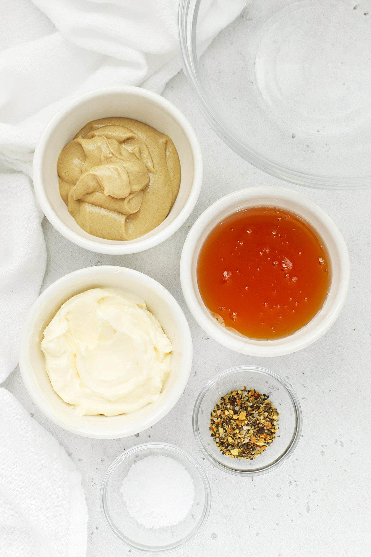 Overhead view of ingredients for honey mustard dressing