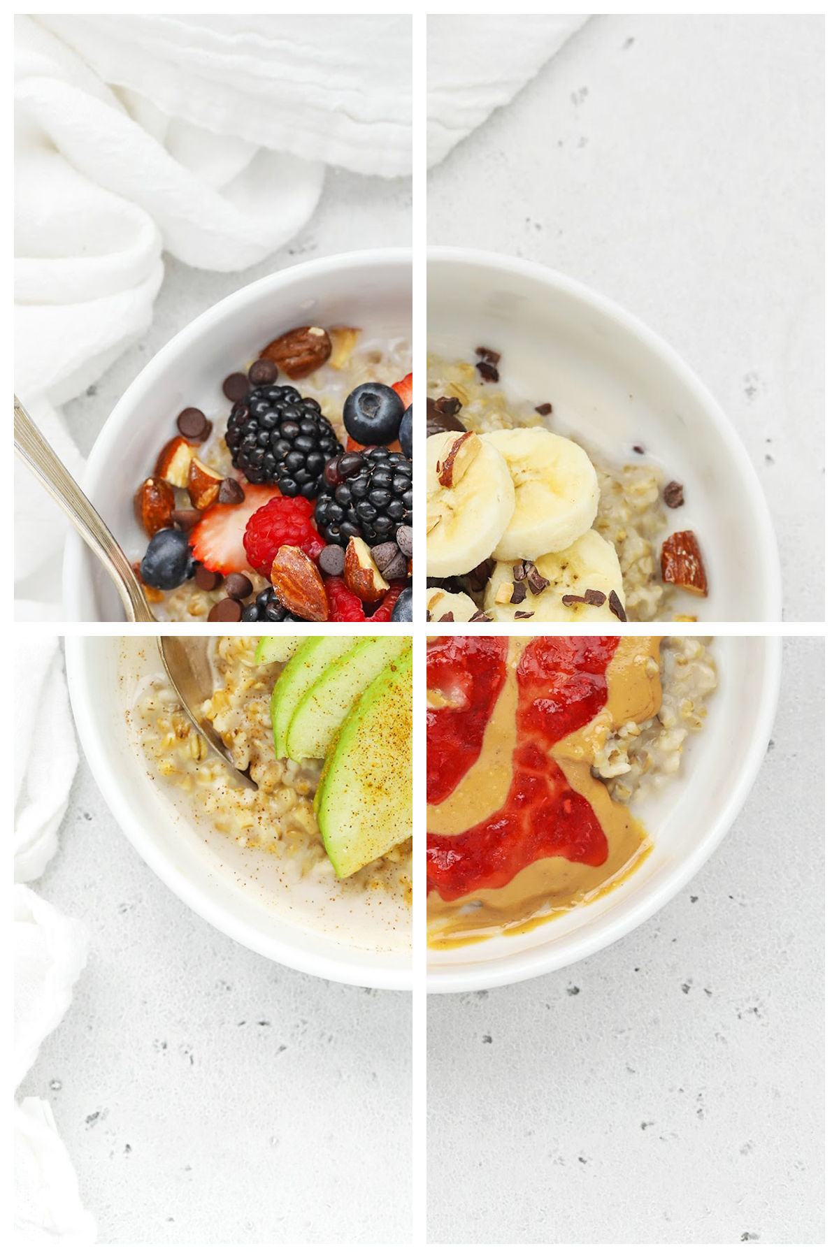 Overhead view of stovetop steel-cut oats with different toppings