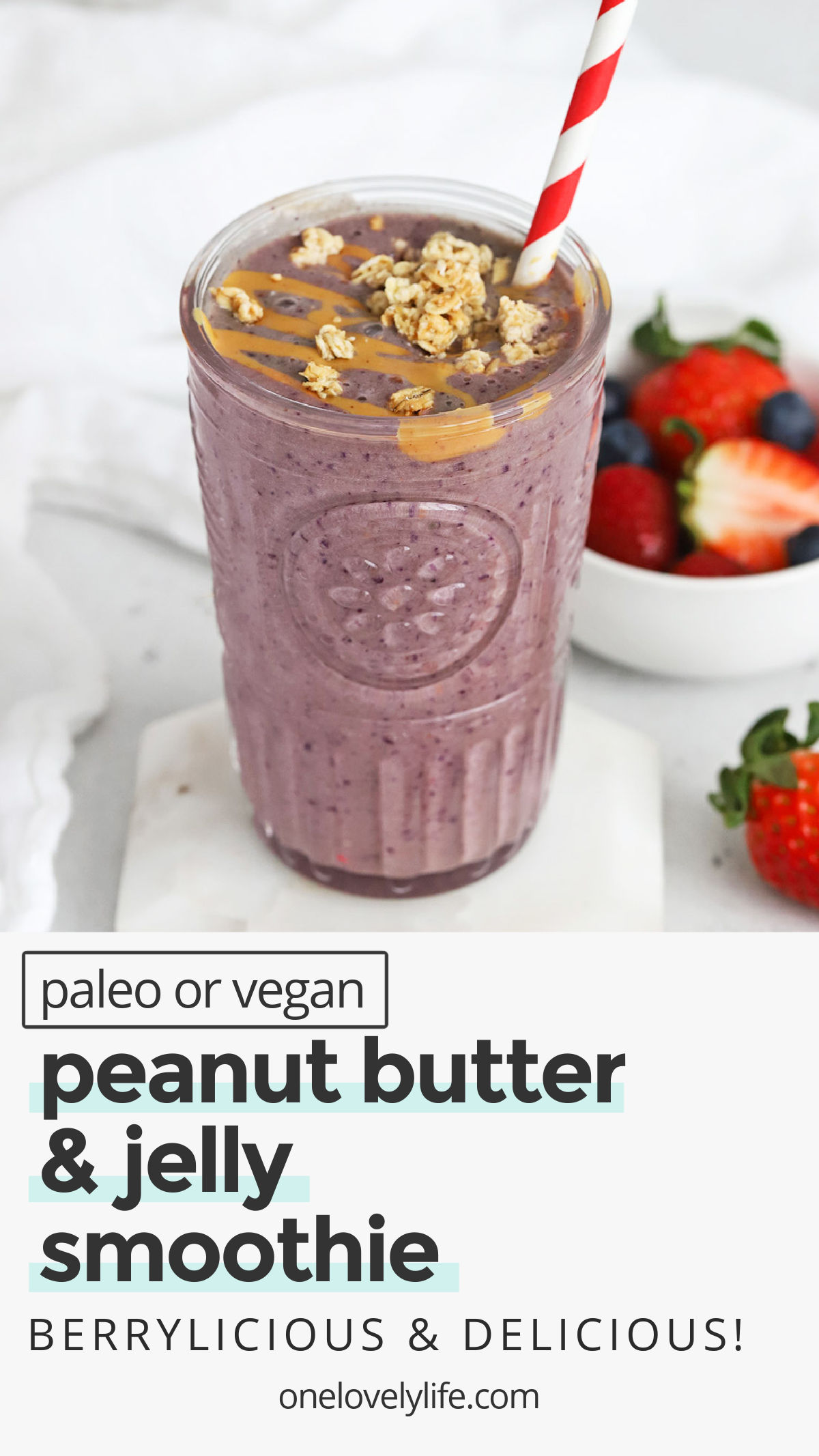 Peanut Butter Jelly Smoothie - We channeled these classic sandwich flavors into a PBJ smoothie! With ripe berries and creamy peanut butter, you'll love this satisfying smoothie recipe. (Gluten-Free, Vegan-Friendly) // pb&j smoothies // pb & j smoothies // almond butter and berry smoothie // peanut butter berry smoothie // vegan smoothie // healthy smoothie // paleo smoothie // peanut butter smoothies // berry smoothies