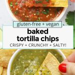 baked tortilla chips with red and green salsa
