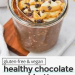 healthy chocolate overnight oats drizzled with peanut butter