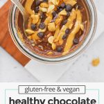 chocolate peanut butter overnight oats drizzled with peanut butter