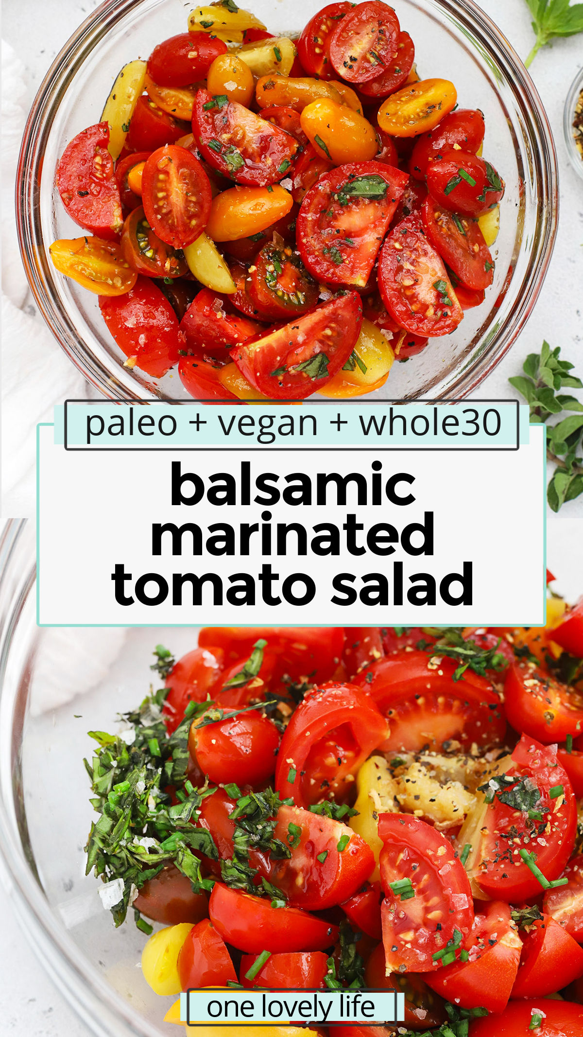 Easy Balsamic Marinated Tomato Salad - You only need 6 ingredients to make delicious balsamic marinated tomatoes. Serve them as a fresh side, or use them as a topping! // balsamic tomatoes // marinated tomatoes // tomato salad recipe // tomato dressing // summer side dish // healthy tomato recipe // healthy salad // side salad // tomato side dish // paleo // whole30 // vegan // vegetarian // gluten-free