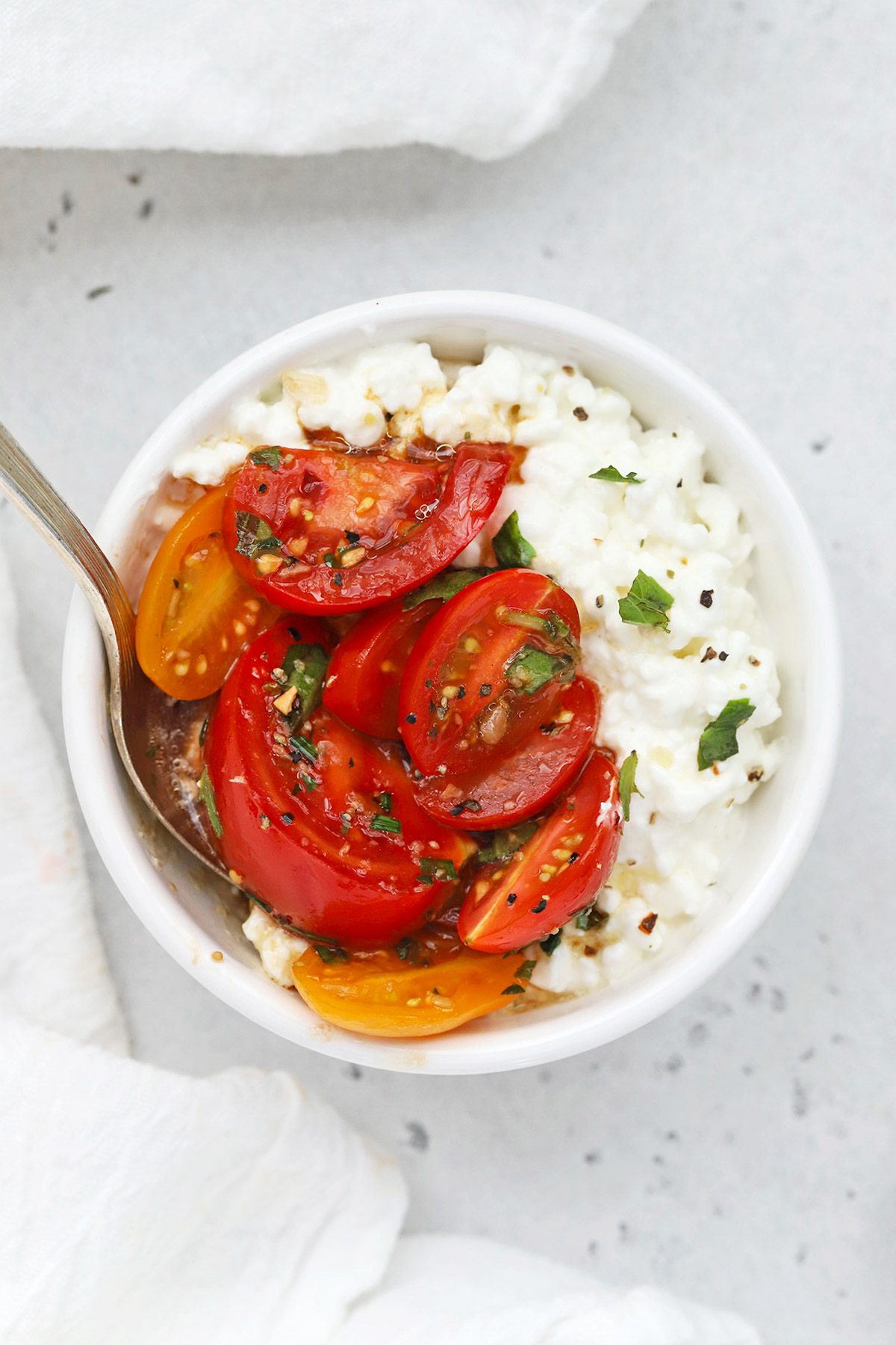 Overhead view of a small bowl of cottage cheese topped with marinated tomatoes