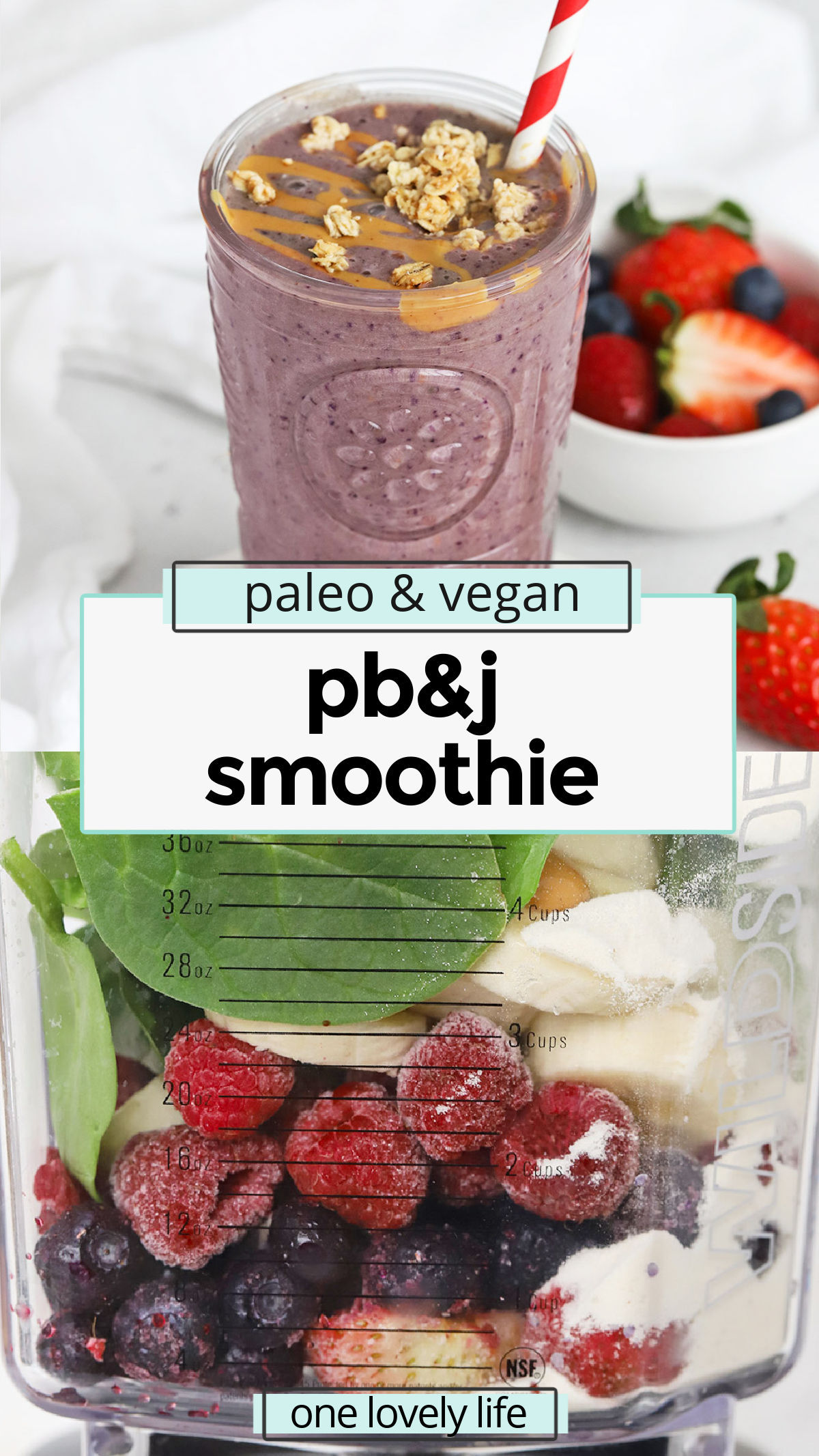Peanut Butter Jelly Smoothie - We channeled these classic sandwich flavors into a PBJ smoothie! With ripe berries and creamy peanut butter, you'll love this satisfying smoothie recipe. (Gluten-Free, Vegan-Friendly) // pb&j smoothies // pb & j smoothies // almond butter and berry smoothie // peanut butter berry smoothie // vegan smoothie // healthy smoothie // paleo smoothie // peanut butter smoothies // berry smoothies