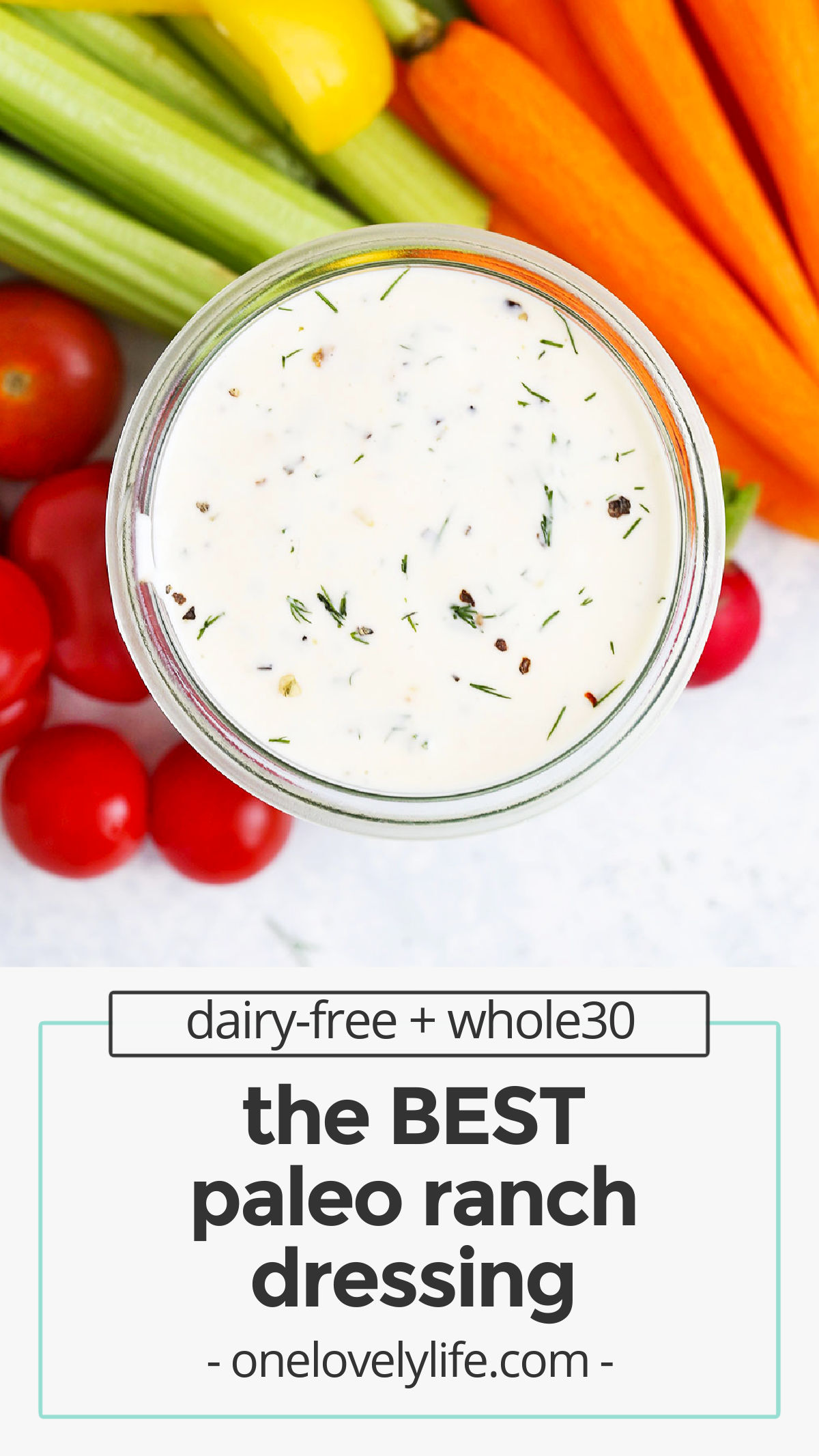 The BEST Paleo Ranch Dressing - This easy paleo ranch comes together in no time! Dairy free, gluten free, paleo and keto approved! // homemade ranch dressing recipe // dairy-free ranch dressing recipe // dump ranch // keto ranch dressing // paleo dump ranch dressing // whole30 dump ranch // easy ranch dressing // ranch dressing recipe no seasoning mix // healthy ranch dressing