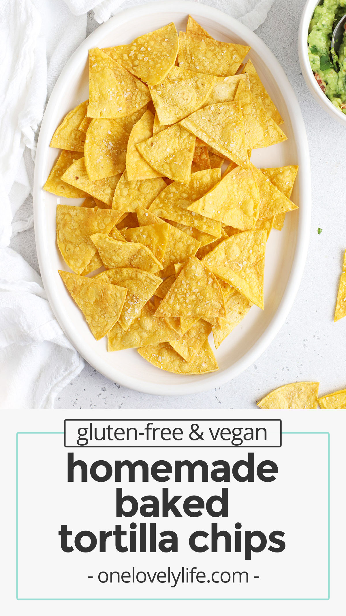 Baked Tortilla Chips - It's easy to make homemade tortilla chips in the oven! We love their salty, crispy crunch with salsa, guacamole & more. // healthy tortilla chips // healthy baked chips // baked chips // baked tortilla chips recipe // healthy tortilla chips recipe //