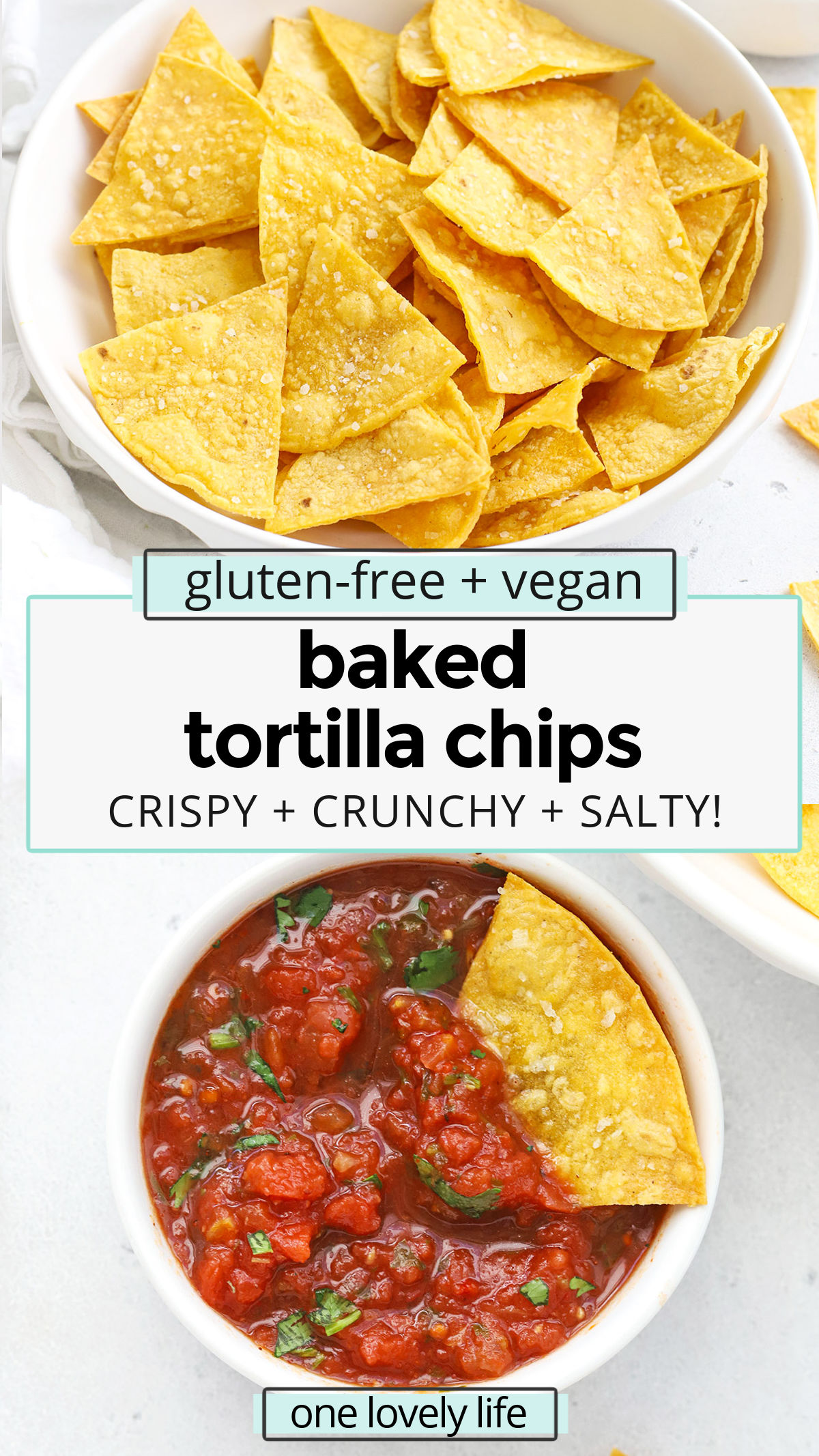 Baked Tortilla Chips - It's easy to make homemade tortilla chips in the oven! We love their salty, crispy crunch with salsa, guacamole & more. // healthy tortilla chips // healthy baked chips // baked chips // baked tortilla chips recipe // healthy tortilla chips recipe //