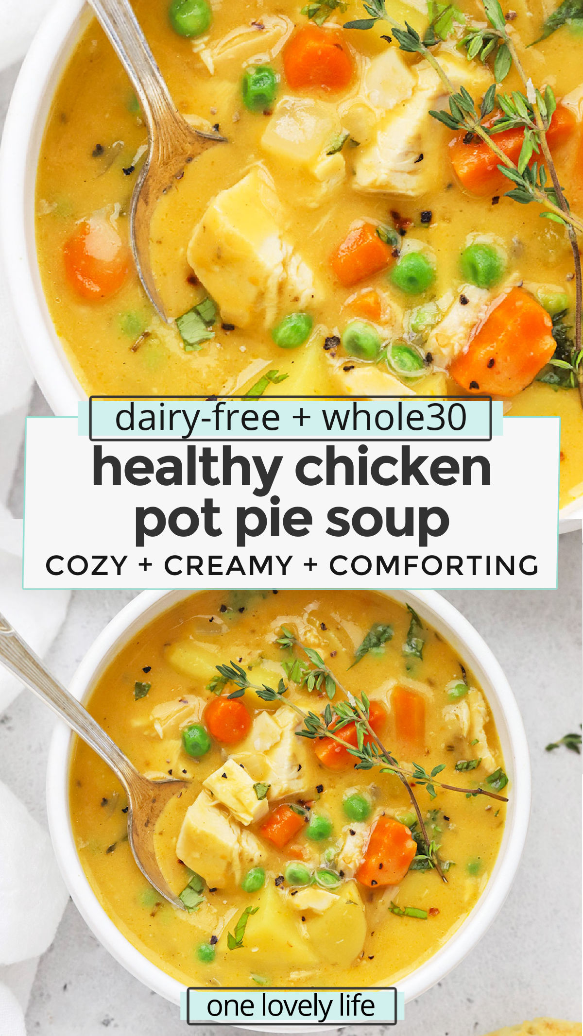 Healthy Chicken Pot Pie Soup - This dairy-free chicken pot pie soup is creamy, delicious, and cozy on a chilly day! (Whole30) // Whole30 Chicken Pot Pie Soup // Healthy Pot Pie Soup // Healthy Turkey Pot Pie Soup // Turkey Leftovers // Thanksgiving Leftovers // Dairy-Free turkey Pot Pie Soup // Whole30 Soup Recipe // Dairy-Free Soup Recipe // Healthy Soup Recipe
