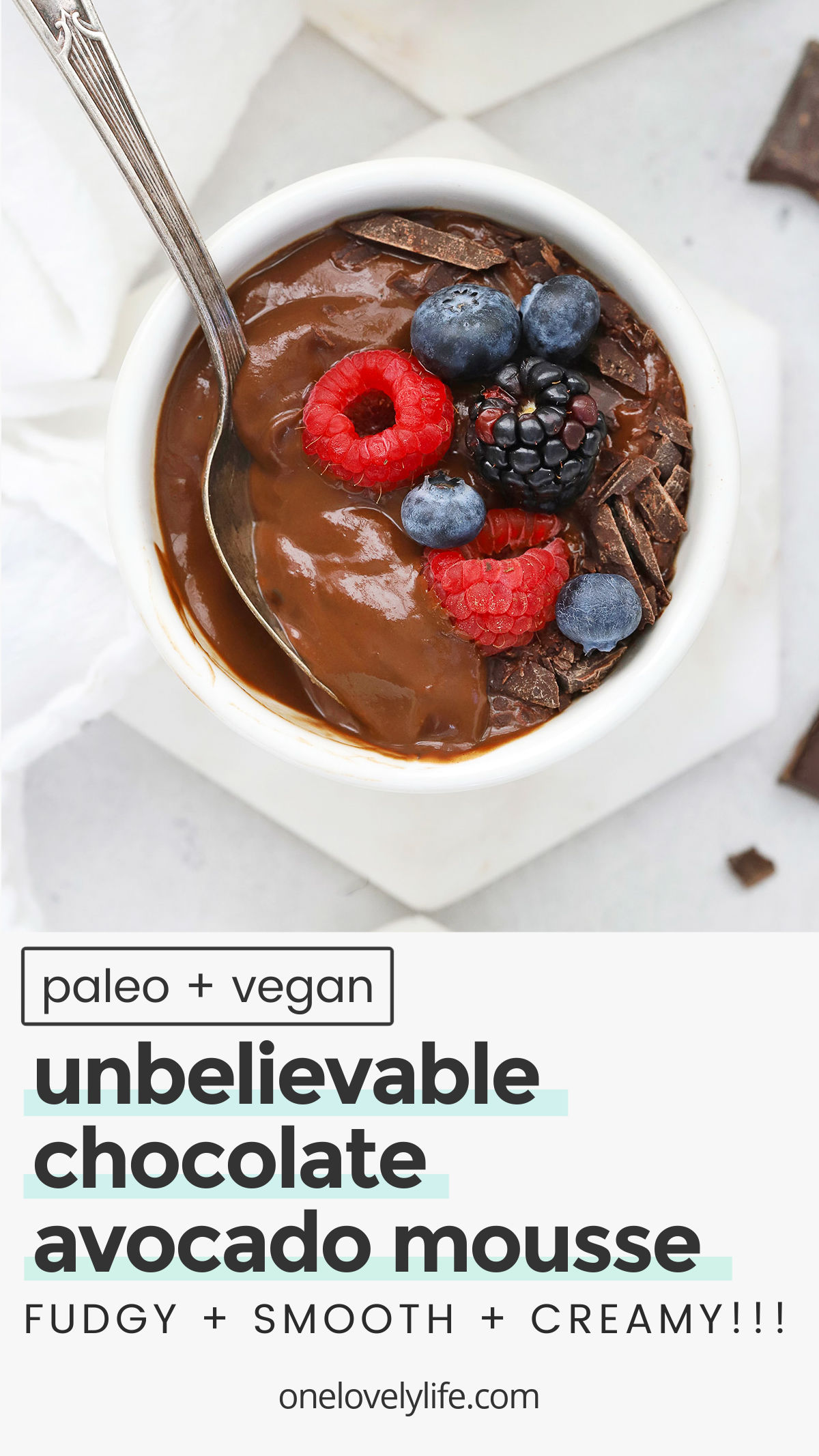 Chocolate Avocado Mousse - This velvety vegan chocolate mousse recipe has all the gorgeous flavor you're looking for and an ingredient list you're going to love! (Paleo, dairy-free). // paleo chocolate mousse // healthy chocolate mousse // dairy-free chocolate mousse // Avocado Chocolate pudding // Healthy dessert // chocolate avocado pudding // healthy pudding // healthy mousse recipe // healthy dessert // valentine's day dessert // no bake dessert recipe