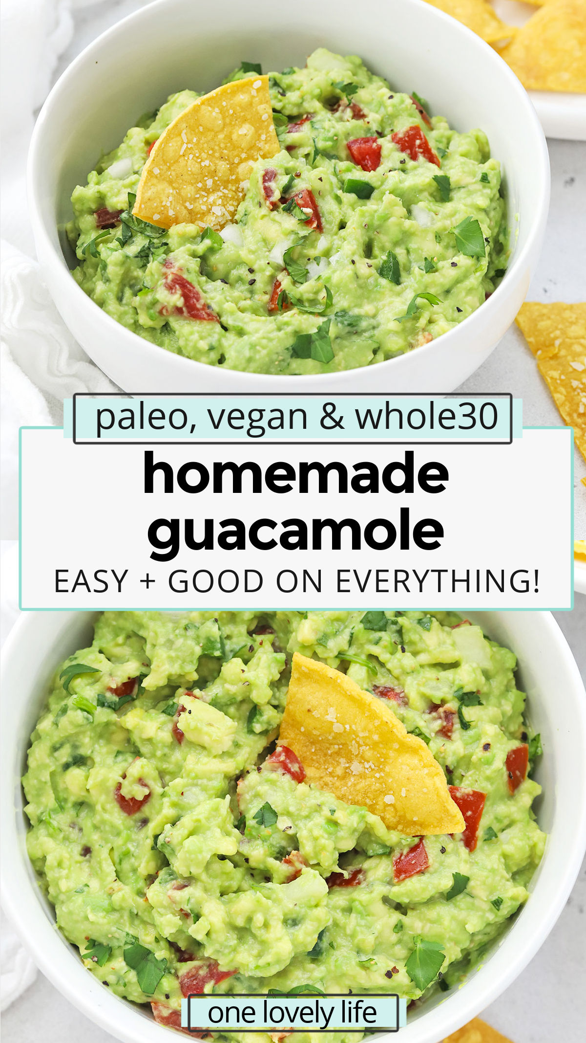 Easy Homemade Guacamole - This classic guacamole recipe has all the flavor you love. Add some chips & you have an instant party! // easy guacamole // chips and guacamole // chips and guac // classic guac // the best guacamole // simple guacamole // tex-mex // paleo // vegan // gluten-free // vegetarian // whole30 // healthy dip // avocado dip //