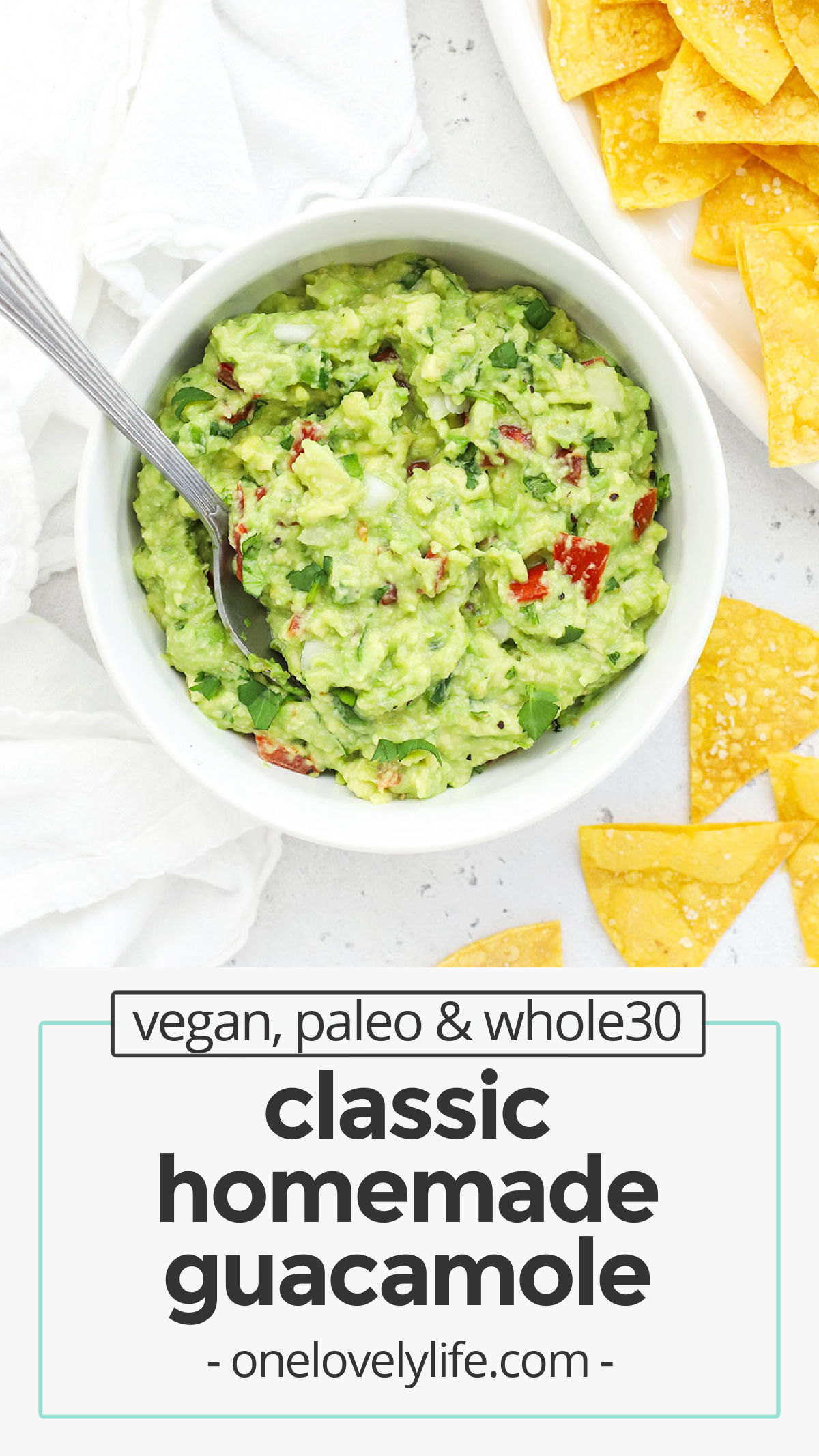 Easy Homemade Guacamole - This classic guacamole recipe has all the flavor you love. Add some chips & you have an instant party! // easy guacamole // chips and guacamole // chips and guac // classic guac // the best guacamole // simple guacamole // tex-mex // paleo // vegan // gluten-free // vegetarian // whole30 // healthy dip // avocado dip //