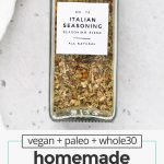 overhead view of a jar of homemade italian seasoning mix