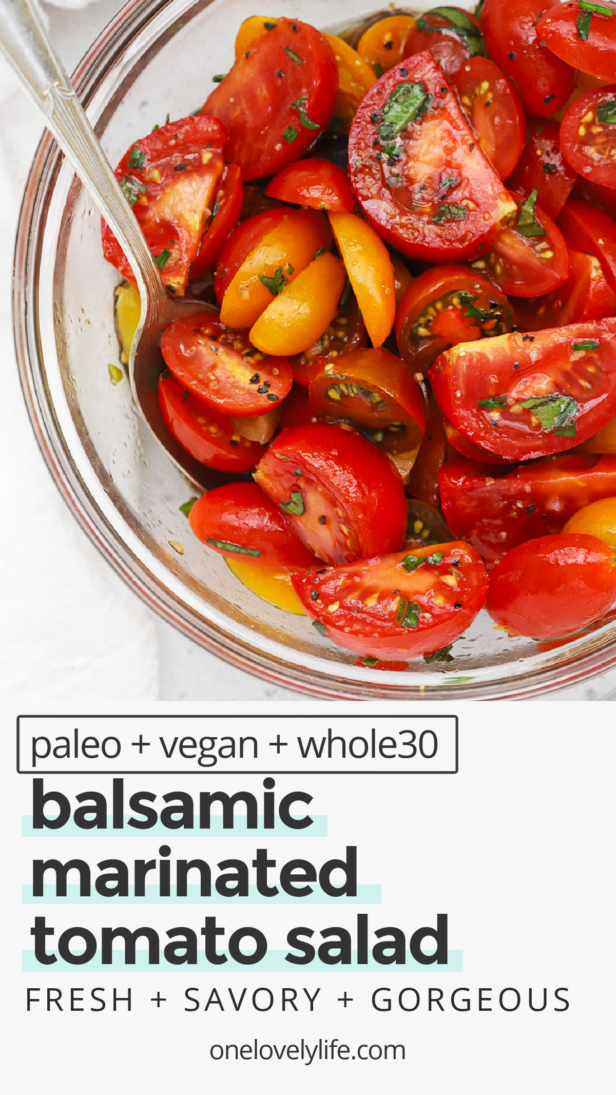 Easy Balsamic Marinated Tomato Salad - You only need 6 ingredients to make delicious balsamic marinated tomatoes. Serve them as a fresh side, or use them as a topping! // balsamic tomatoes // marinated tomatoes // tomato salad recipe // tomato dressing // summer side dish // healthy tomato recipe // healthy salad // side salad // tomato side dish // paleo // whole30 // vegan // vegetarian // gluten-free