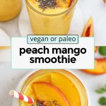 peach mango smoothie topped with peach slices