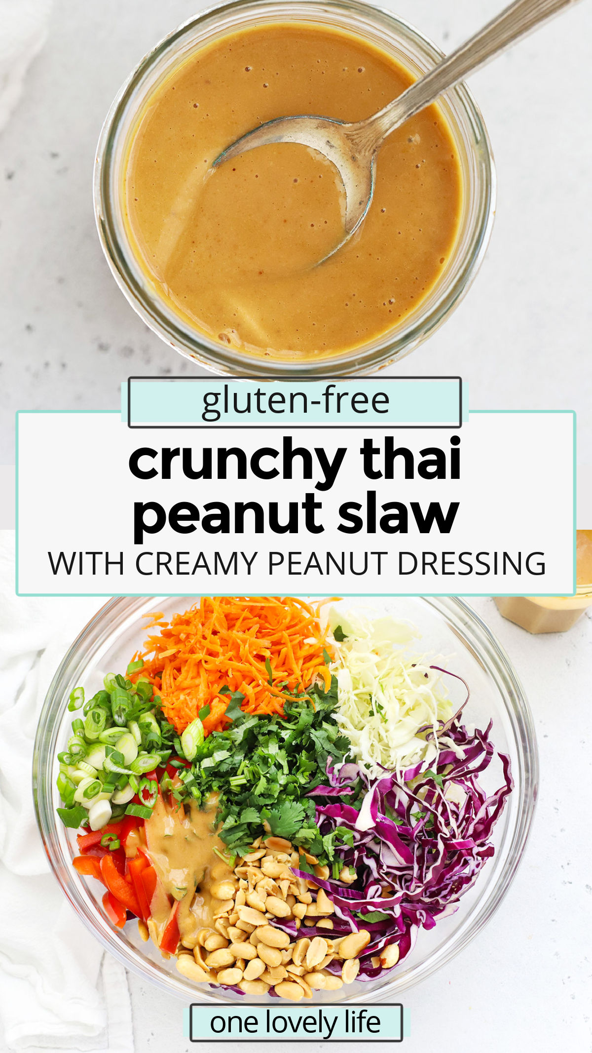 Crunchy Thai Peanut Slaw - This veggie slaw with peanut sauce is the perfect blend of colors, flavors, and textures. Fresh, crunchy, creamy, and gorgeous, it's a perfect healthy side dish. (Vegan, Gluten-Free) // thai coleslaw // asian coleslaw // peanut coleslaw // coleslaw without mayo // coleslaw no mayo // peanut sauce dressing // peanut dressing // vegan coleslaw // coleslaw with peanut sauce // healthy coleslaw