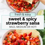 Fresh strawberry salsa in a glass bowl with chips