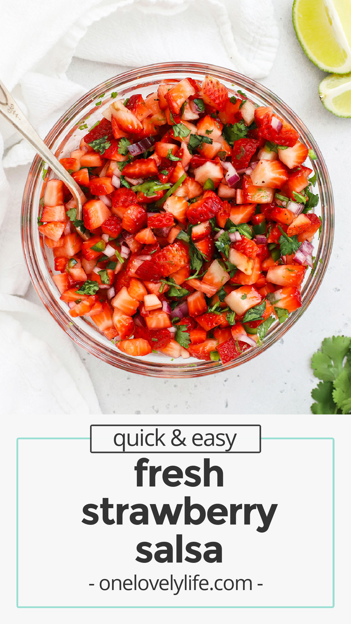 Sweet & Spicy Strawberry Salsa - This easy strawberry salsa recipe is such a delightful change of pace. It's a gorgeous blend of sweet & savory. You'll love it! // fruit salsa recipe // fresh strawberry salsa // vegan salsa // homemade salsa // sweet salsa // summer appetizer // spring appetizer // bbq side dish // potluck recipe // gluten-free // vegan // paleo // whole30 // Tex-Mex // chip dip // tortilla chip dip // chips and salsa // strawberry recipes // healthy salsa // healthy recipe