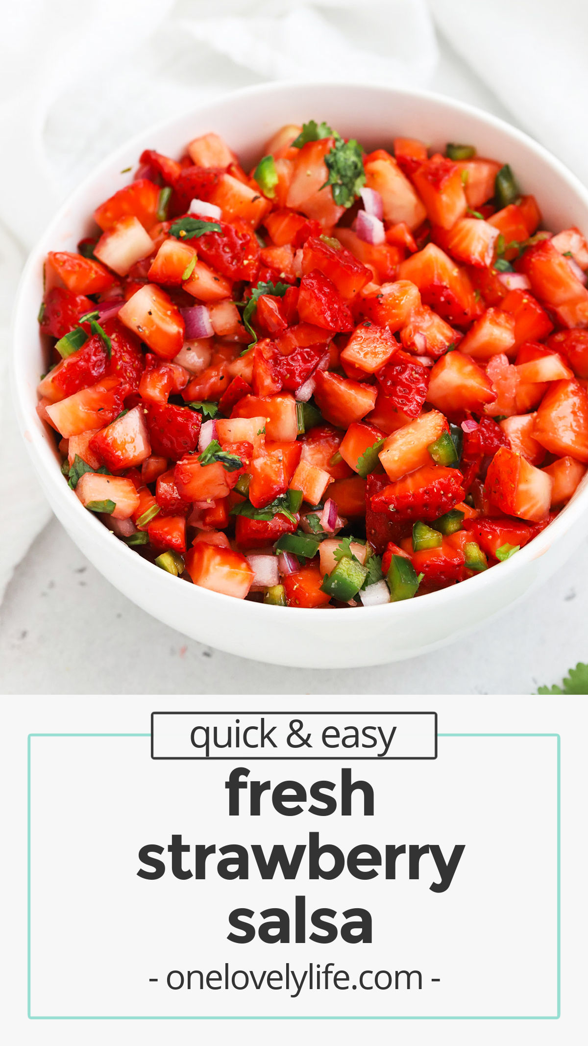 Sweet & Spicy Strawberry Salsa - This easy strawberry salsa recipe is such a delightful change of pace. It's a gorgeous blend of sweet & savory. You'll love it! // fruit salsa recipe // fresh strawberry salsa // vegan salsa // homemade salsa // sweet salsa // summer appetizer // spring appetizer // bbq side dish // potluck recipe // gluten-free // vegan // paleo // whole30 // Tex-Mex // chip dip // tortilla chip dip // chips and salsa // strawberry recipes // healthy salsa // healthy recipe