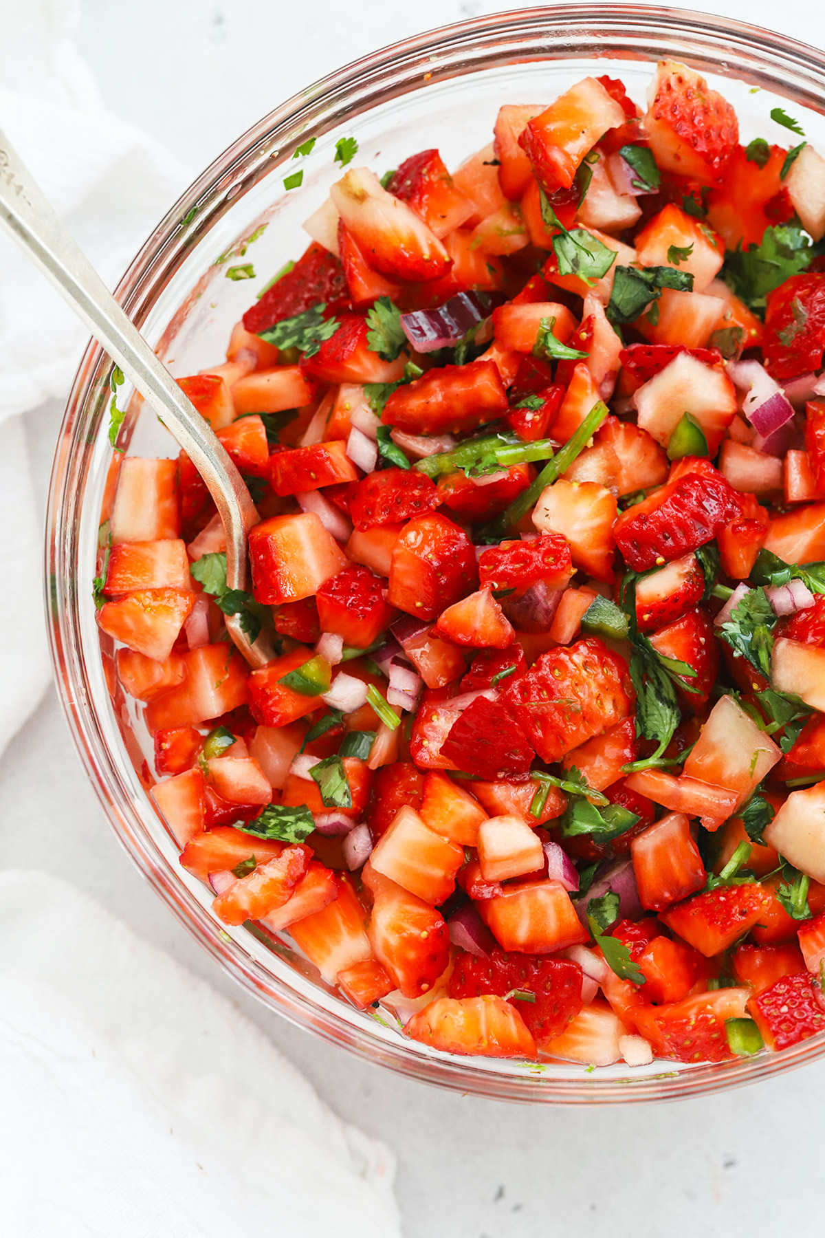Fresh strawberry salsa in a glass bowl