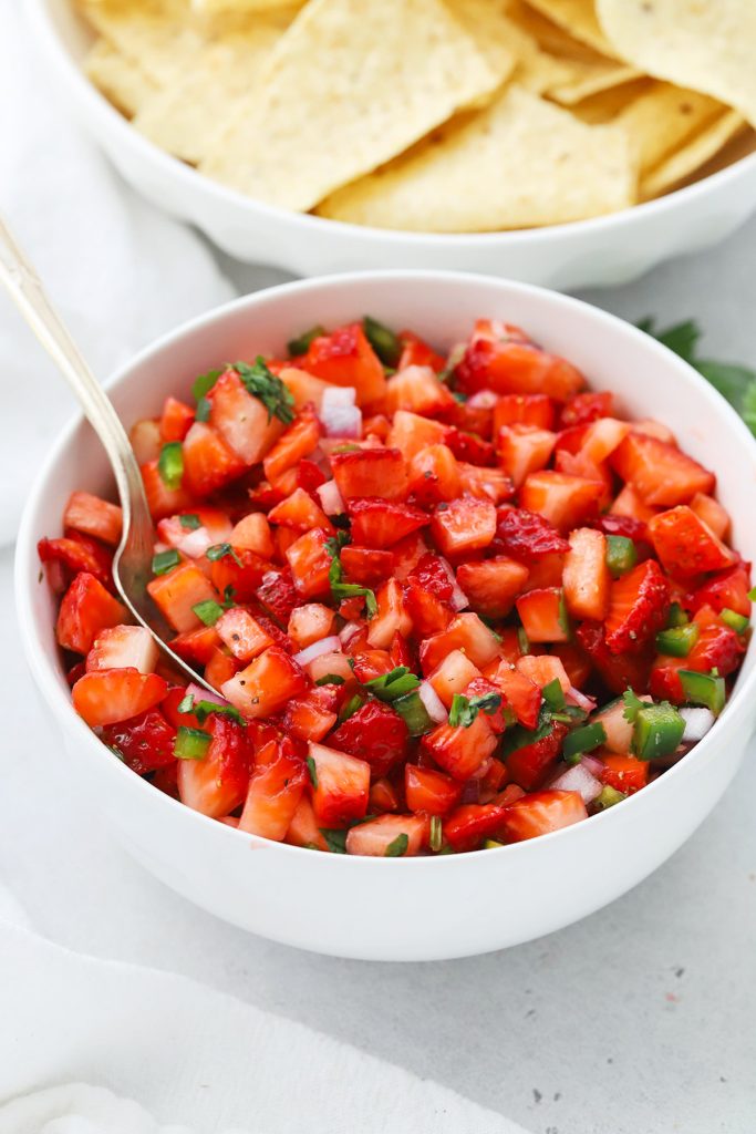 Fresh strawberry salsa in a white bowl