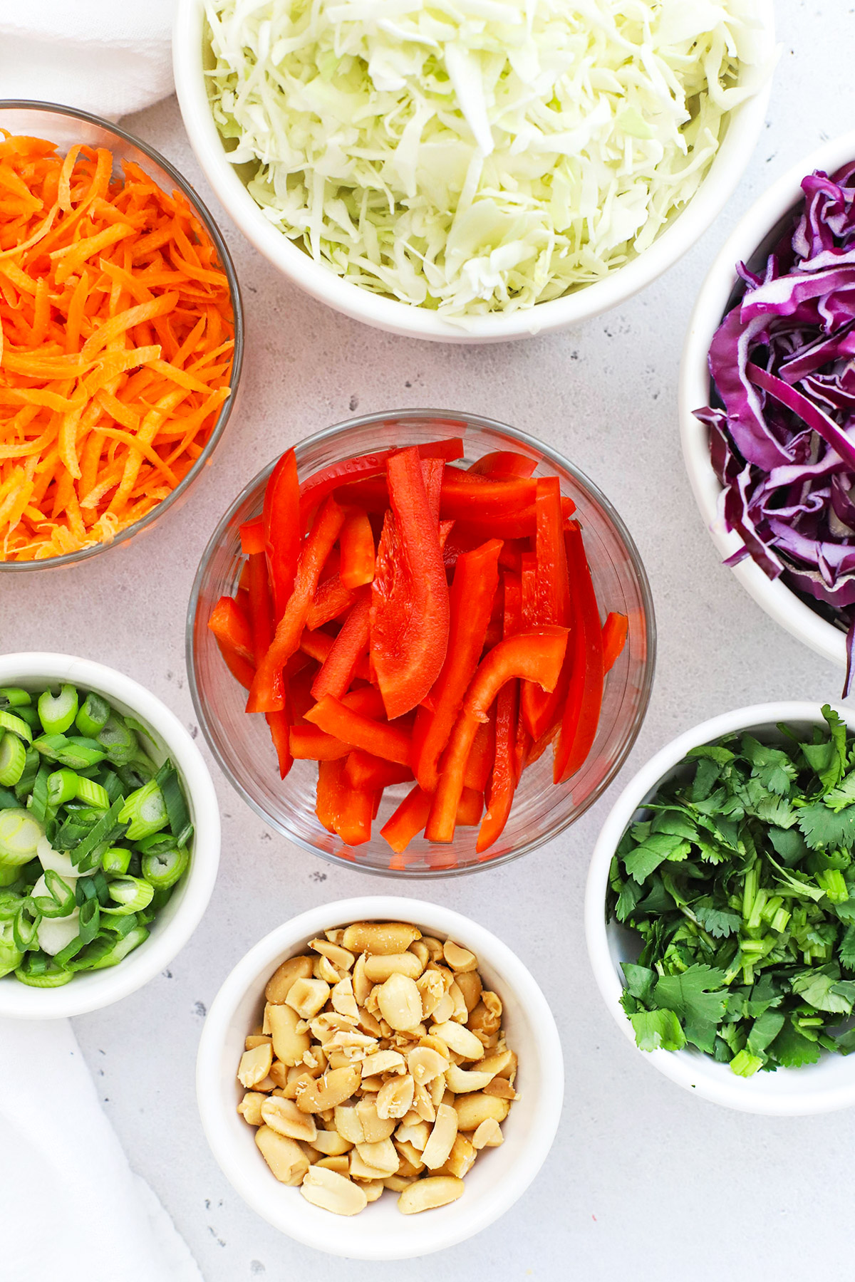Overhead view of colorful veggies for crunchy peanut slaw
