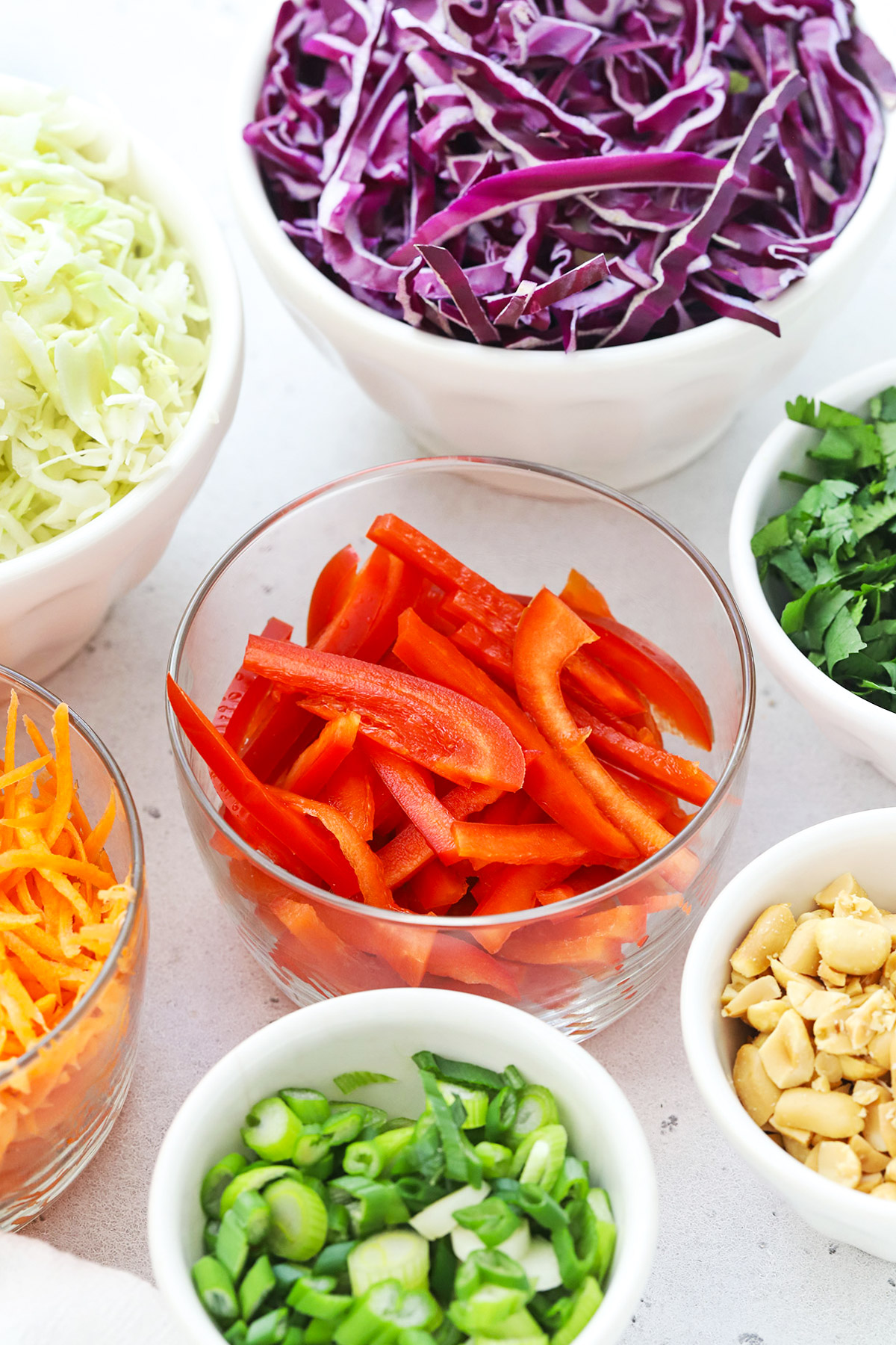 Front view of colorful veggies for crunchy peanut slaw