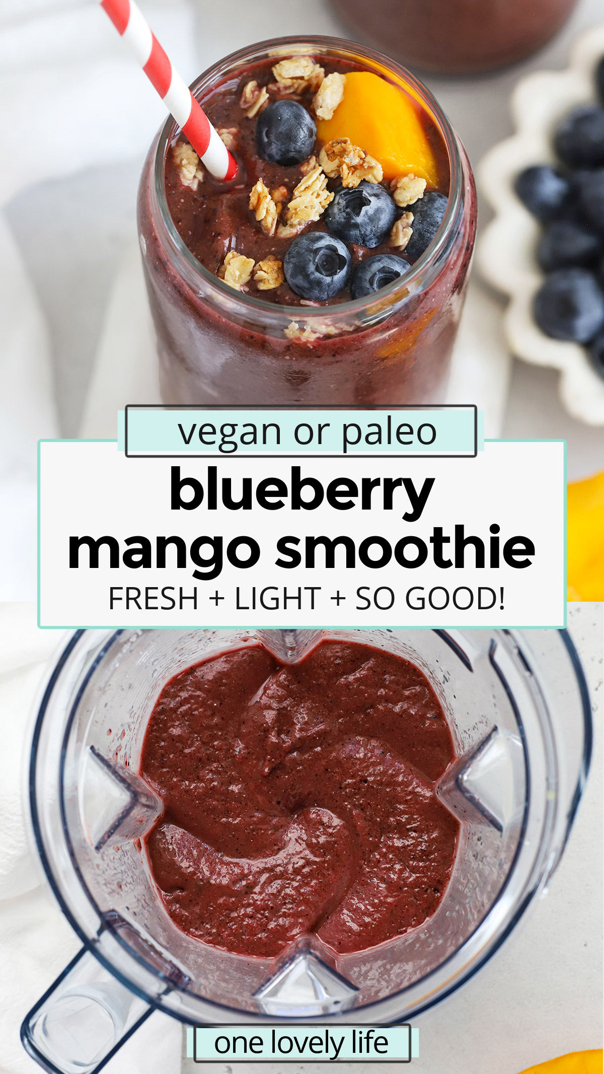 Blueberry Mango Smoothie - This yummy mango berry smoothie recipe is refreshing, light & delicious. The whole family loves it! Vegan or Paleo // Blueberry Smoothies / Mango smoothies // mango berry smoothie recipe // berry mango smoothie // mango blueberry smoothies / kid friendly smoothie / purple smoothie / fruit smoothie / breakfast smoothie / paleo smoothie / vegan smoothie / green smoothie