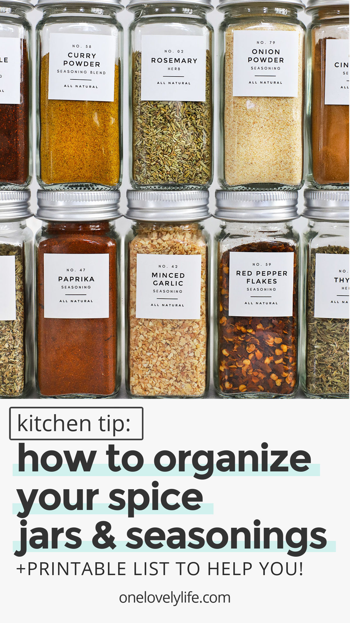 Spice Organization - Here's how we declutter and organize our spices and seasonings. Don't miss our printable list of herbs and spices to help you update your spice cupboard or add flavor to your meals. // printable list of spices and herbs // common herbs and spices // spice jar organization / spice cupboard organization / kitchen organization / how to organize spices / how to organize spice jars / kitchen decluttering / spice jar labels /