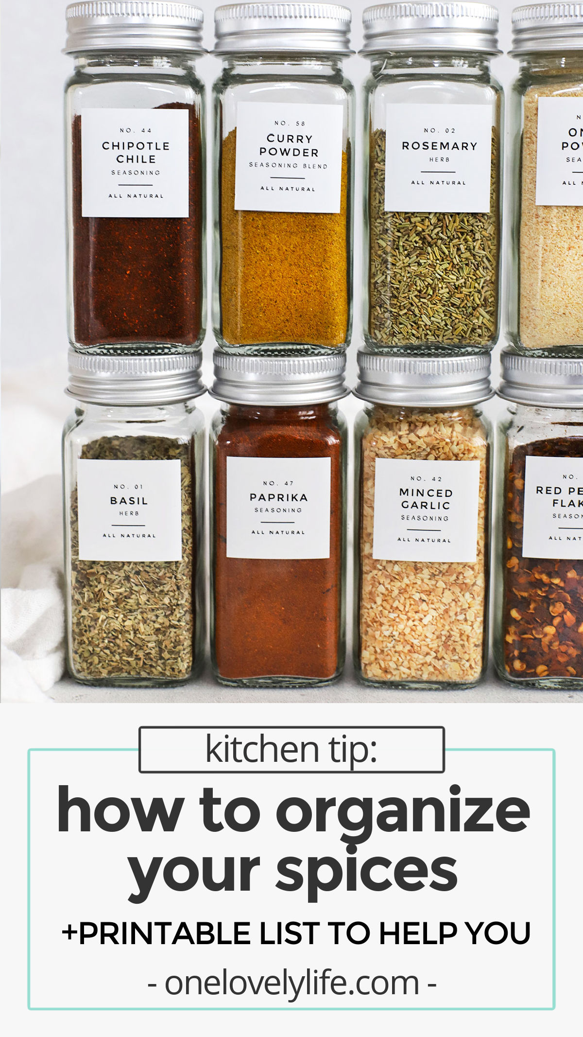 Spice Organization - Here's how we declutter and organize our spices and seasonings. Don't miss our printable list of herbs and spices to help you update your spice cupboard or add flavor to your meals. // printable list of spices and herbs // common herbs and spices // spice jar organization / spice cupboard organization / kitchen organization / how to organize spices / how to organize spice jars / kitchen decluttering / spice jar labels /