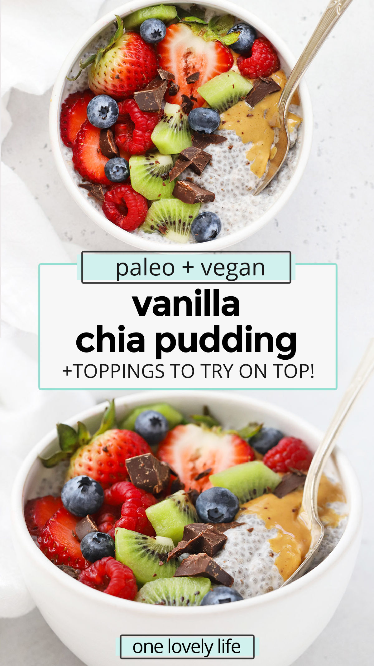 Vanilla Chia Pudding - This easy vanilla chia seed pudding makes a perfect meal prep breakfast or healthy snack. Don't miss all our toppings to try below! (Paleo, Vegan, Gluten-Free) // vanilla chia pudding recipe // best chia pudding recipe // easy chia pudding // how to make chia pudding / vegan chia pudding / paleo chia pudding / healthy breakfast / healthy dessert / healthy snack / meal prep snack / meal prep breakfast / gluten free breakfast / healthy vanilla pudding