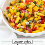 Front view of a bowl of fresh peach salsa