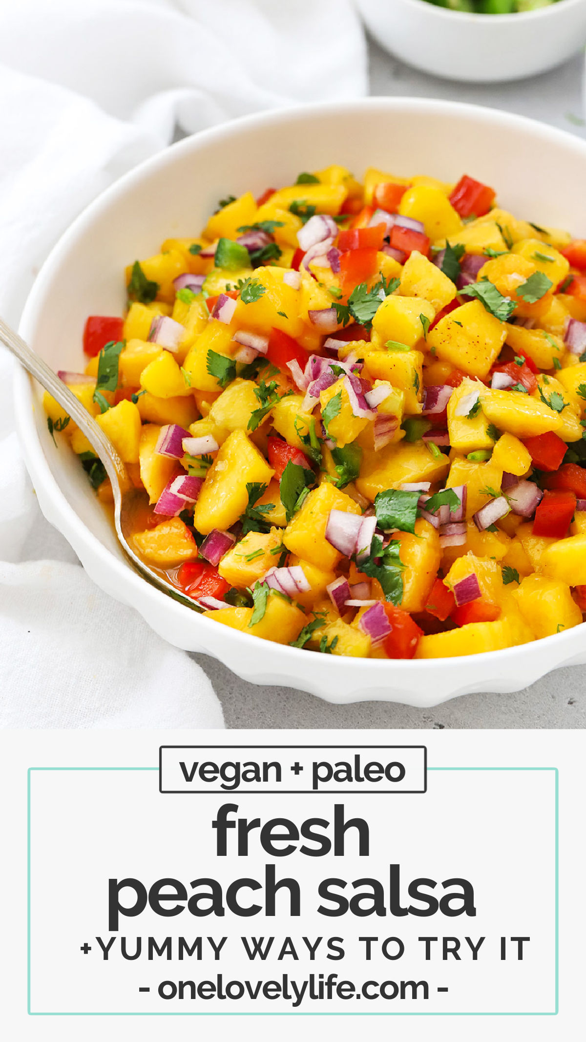 Easy Peach Salsa - This fresh peach salsa recipe is sweet, a little spicy, and fabulous with ALL the things. (Vegan, Paleo, Gluten-Free) // Fruit salsa // salsa with peaches // peach salsa without tomatoes // peach recipes // summer recipe // healthy salsa // homemade salsa // healthy appetizer // summer salsa recipe // tex mex recipes // taco night recipe // easy salsa recipes