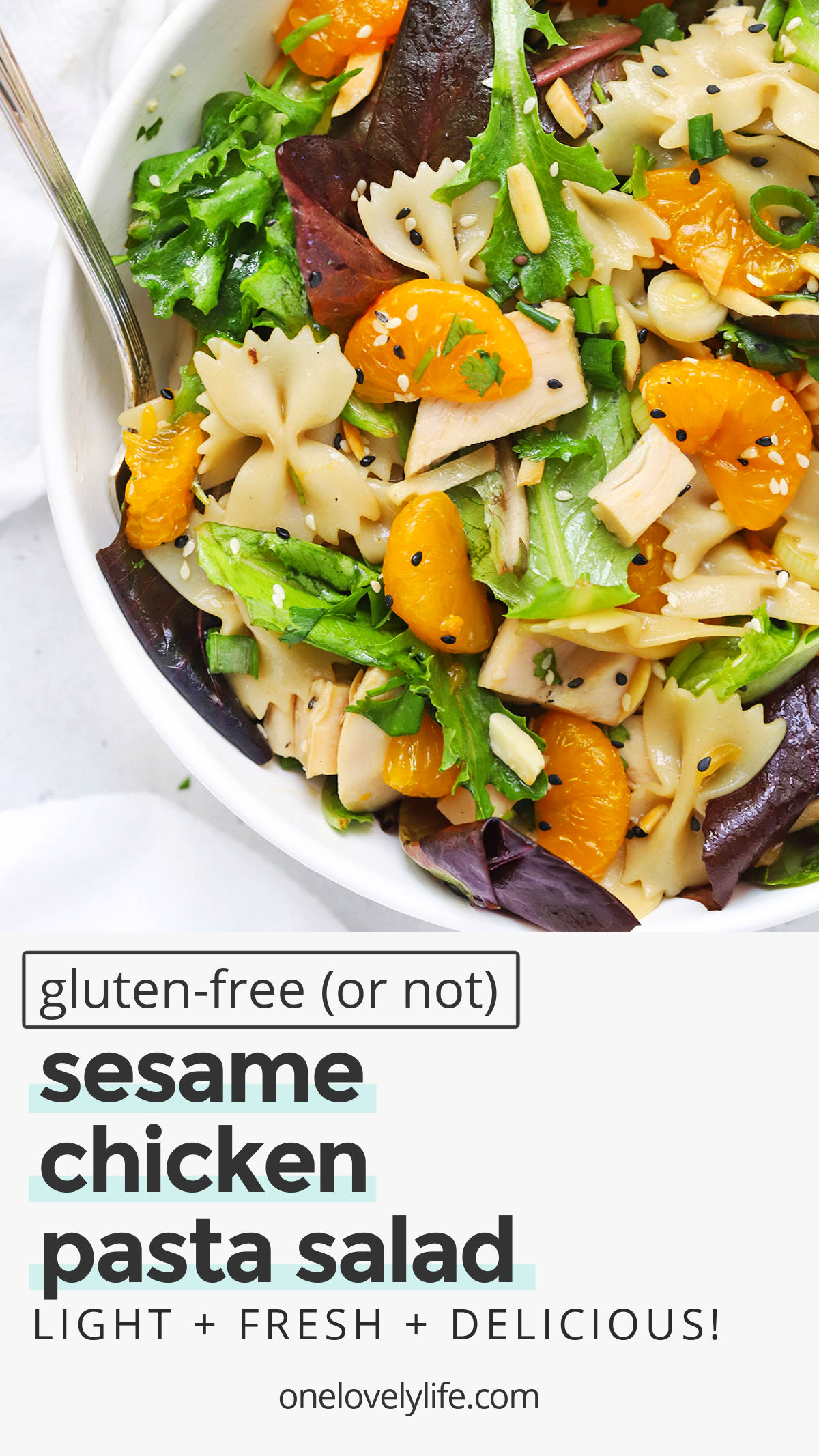 Sesame Chicken Pasta Salad - Sesame pasta salad with mandarin oranges & a tangy Asian-inspired dressing make this the perfect summer recipe! (Gluten-Free or Not) / gluten-free pasta salad recipe / chicken pasta salad recipe / summer salad // easy pasta salad / asian pasta salad / mandarin pasta salad / gluten-free BBQ side dish / gluten-free potluck recipe / dinner salad / gluten-free pasta // pasta salad no mayo / pasta salad without mayo / pasta salad with vinaigrette / pasta salad dressing