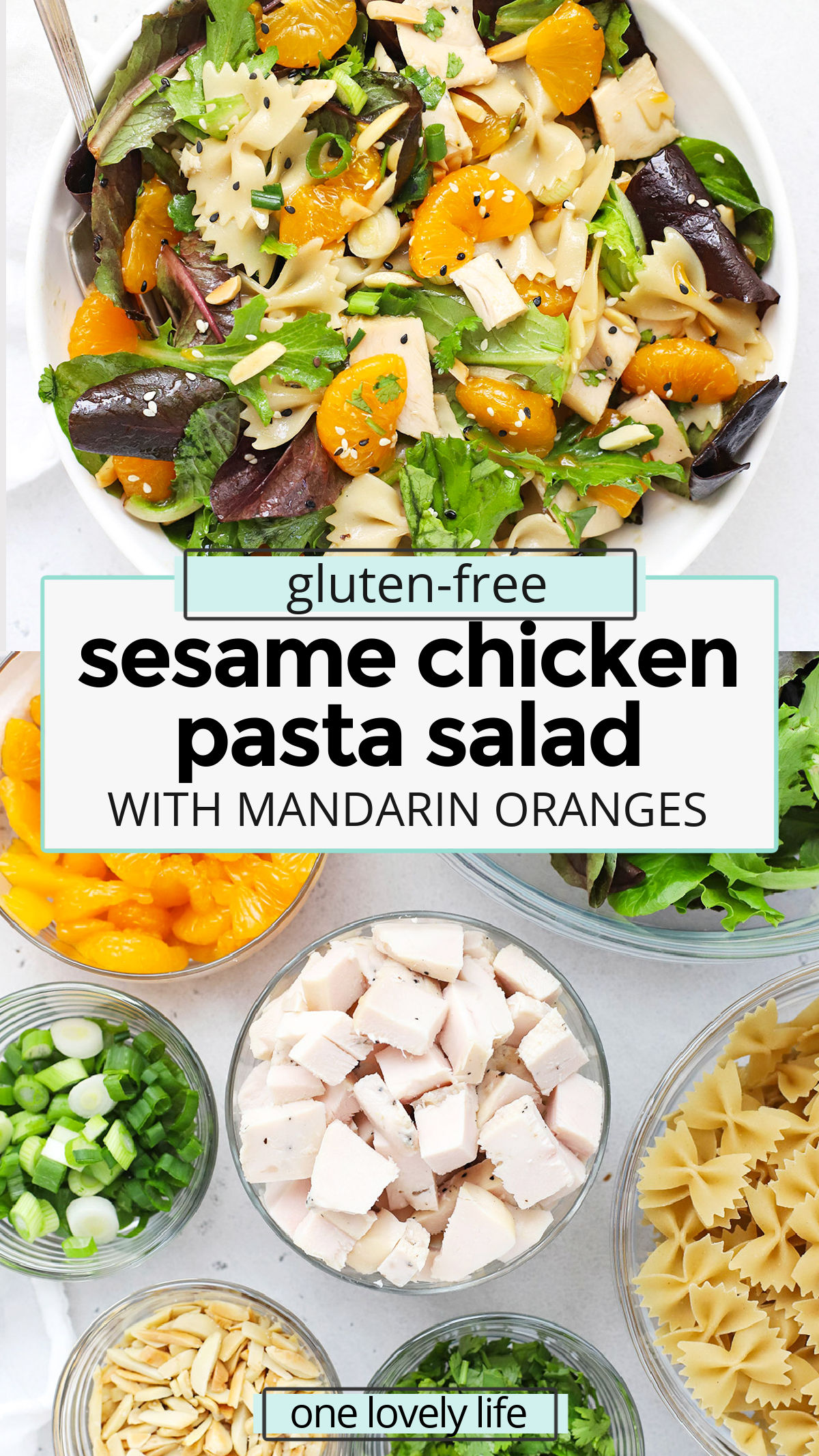 Sesame Chicken Pasta Salad - Sesame pasta salad with mandarin oranges & a tangy Asian-inspired dressing make this the perfect summer recipe! (Gluten-Free or Not) / gluten-free pasta salad recipe / chicken pasta salad recipe / summer salad // easy pasta salad / asian pasta salad / mandarin pasta salad / gluten-free BBQ side dish / gluten-free potluck recipe / dinner salad / gluten-free pasta // pasta salad no mayo / pasta salad without mayo / pasta salad with vinaigrette / pasta salad dressing