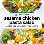 Overhead view of gluten-free sesame chicken pasta salad