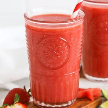 Front view of two strawberry watermelon smoothies