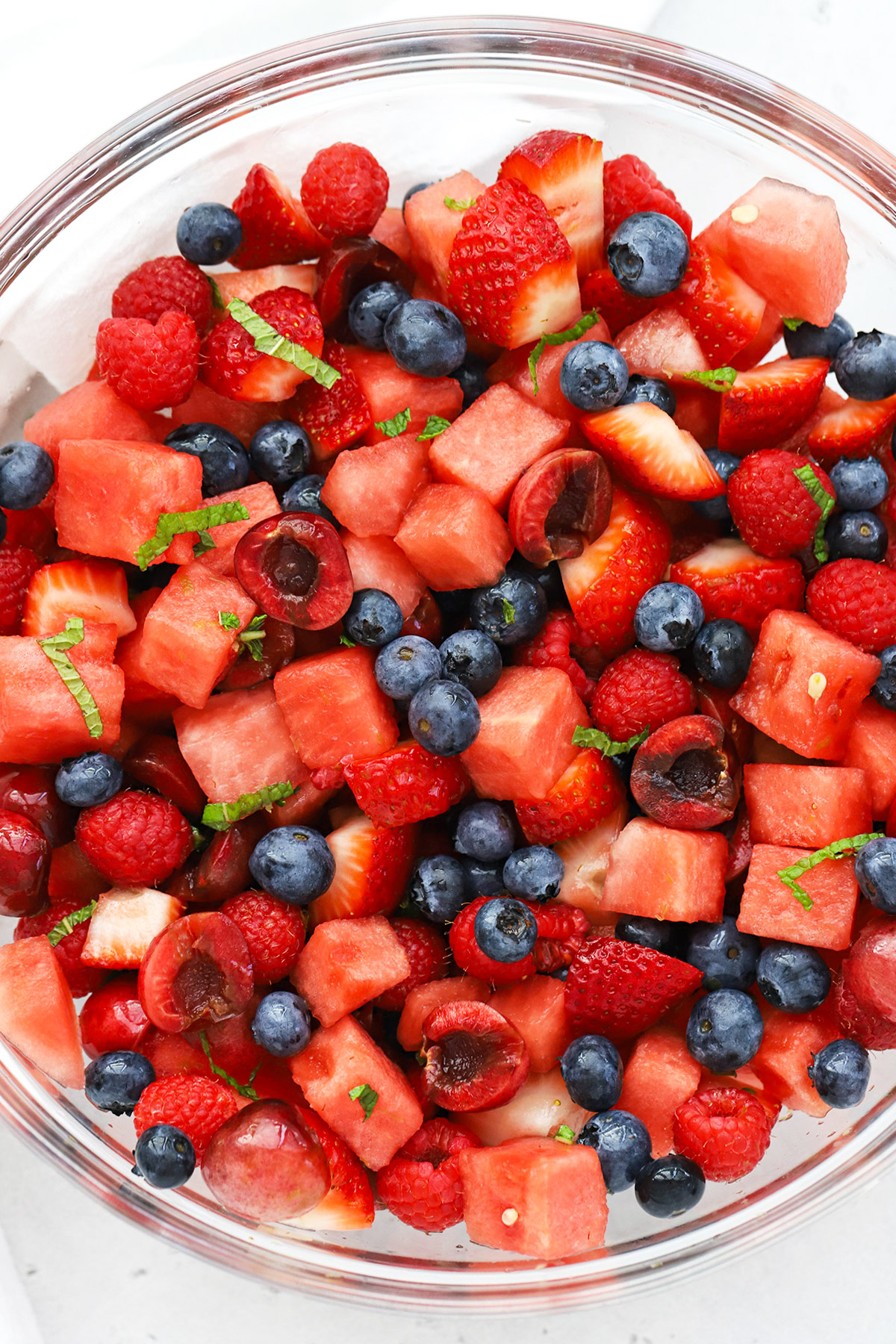 Overhead view of watermelon fruit salad in a bowl.